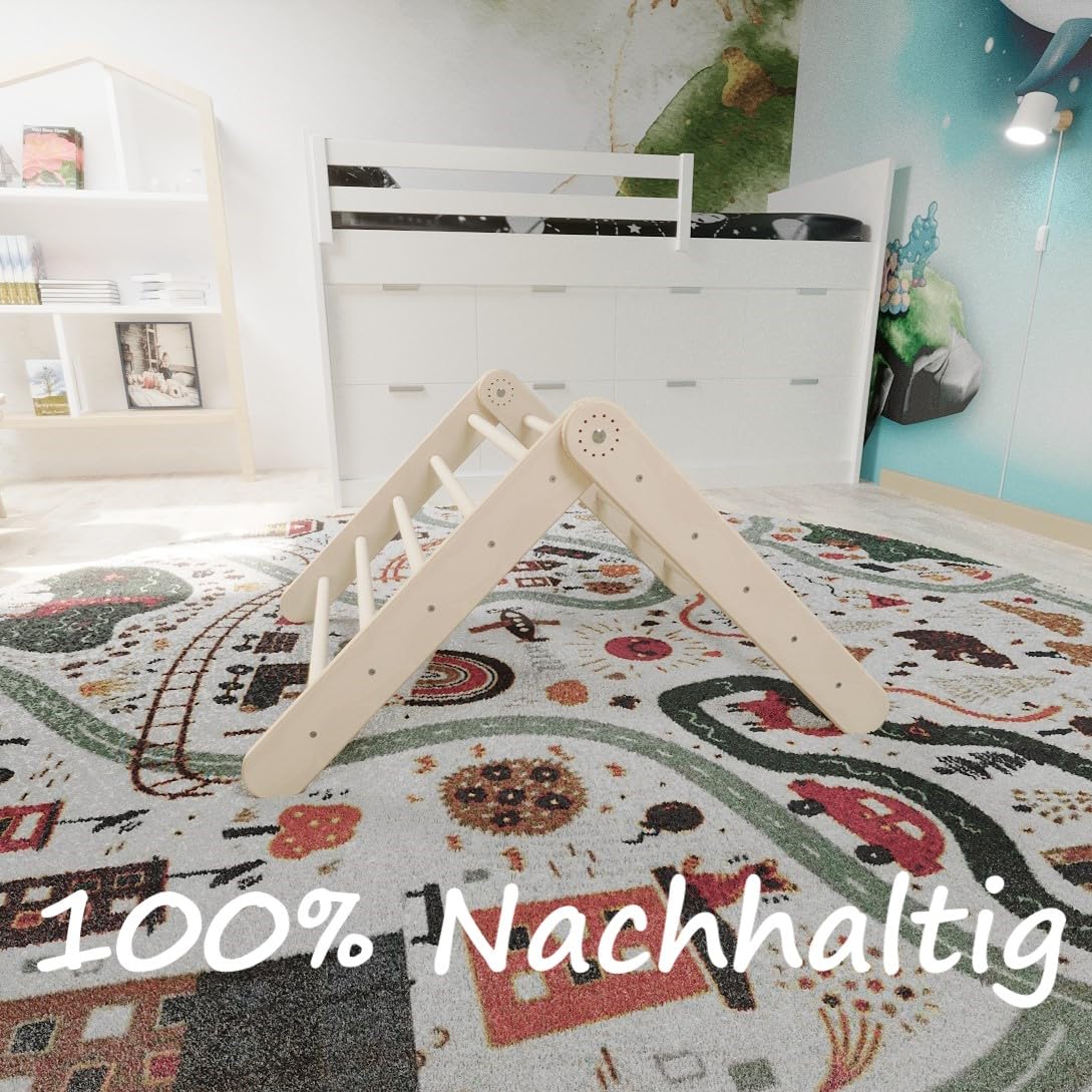GOODEX Climbing Triangle with Slide is expandable and adjustable. Indoor climbing frame made of birch wood, suitable for babies and children from 10 months old. Can be used as a Pikler Triangle or as a folding ladder.