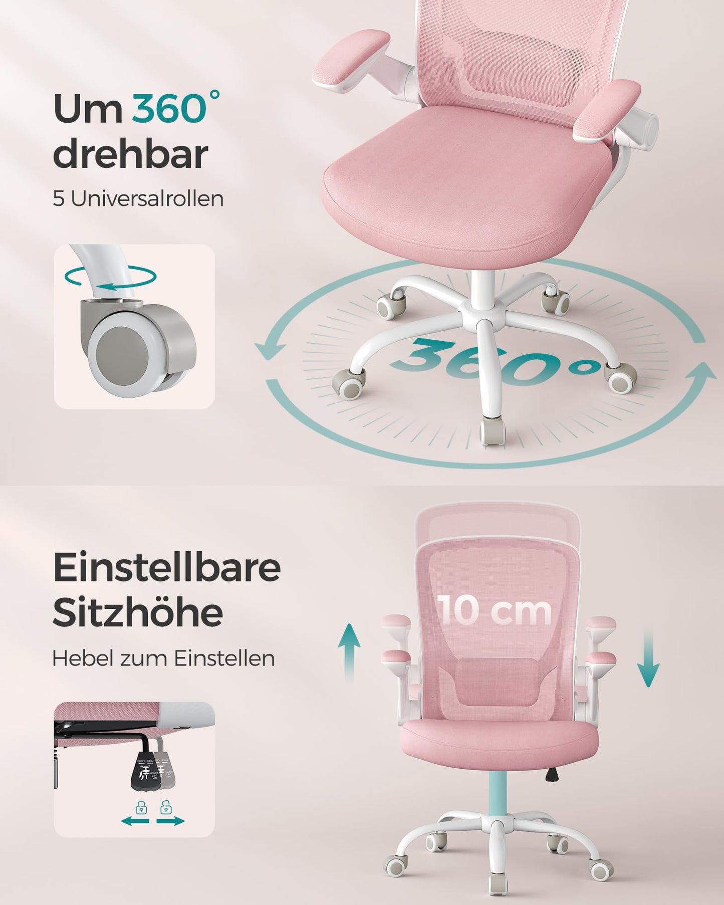 SONGMICS Office Chair, Desk Chair, ergonomic backrest, adjustable height, foldable armrests, swivel chair, up to 120 kg load capacity, pastel pink OBN037R01