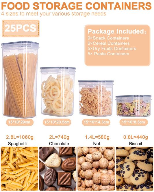 25-piece storage container set (9x0.8L + 6x1.4L + 5x2L + 5x2.8L) airtight containers with lids. Perfect for storing spaghetti, flour, cereal, and cornflakes in the kitchen. Great plastic organizers for keeping food fresh.