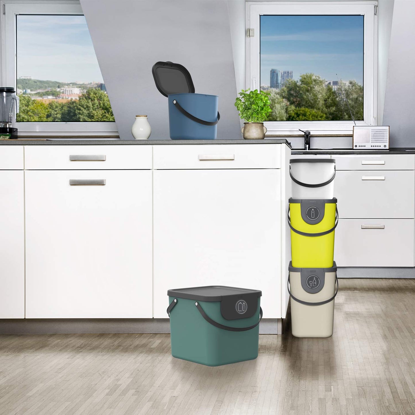 Rotho Albula 3-piece waste separation system 40l for the kitchen, plastic (PP) BPA-free, colorful, 40l (39.8 x 35.8 x 33.9 cm)