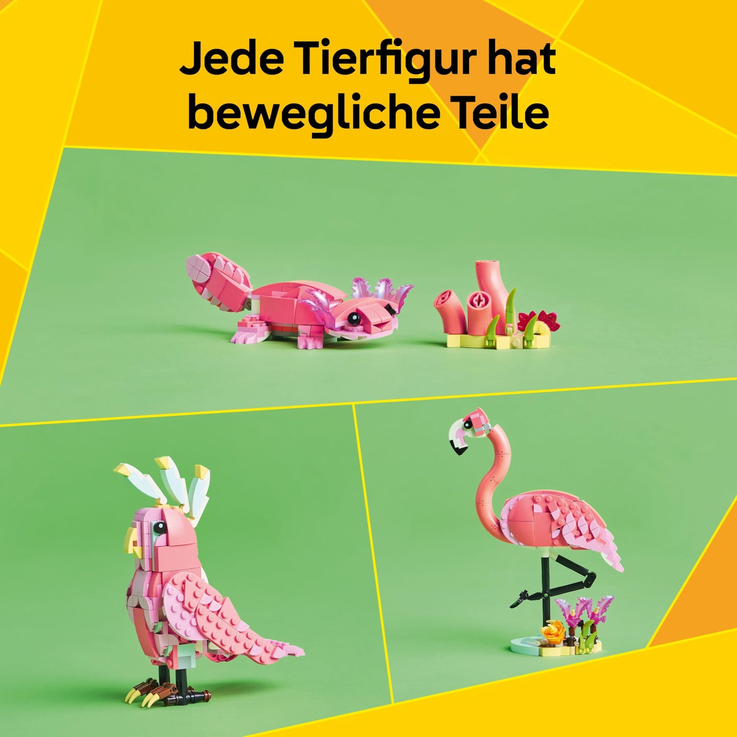 LEGO Creator 3in1 Wild Animals: Pink Flamingo - rebuild into a Cockatoo minifigure or an Axolotl - Creative toy - Birthday gift for girls and boys ages 8+ - 31170