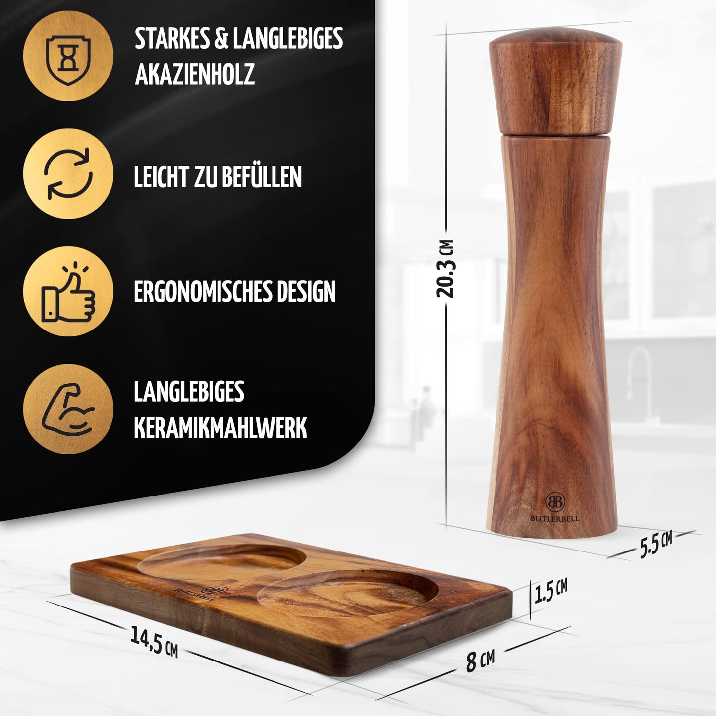 BUTLERBELL® Salt and Pepper Mill Set with Coasters in Luxury Gift Box, perfect as a wedding gift | Wedding presents for the couple | Housewarming gift