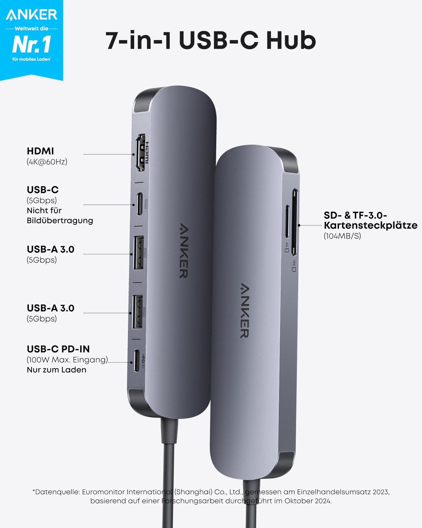 Anchor 7-in-1 USB-C Hub with 4K@60Hz HDMI, 100W Power Delivery, USB-A/C 3.0 Ports, and SD/microSD card reader for USB-C devices (without power adapter)