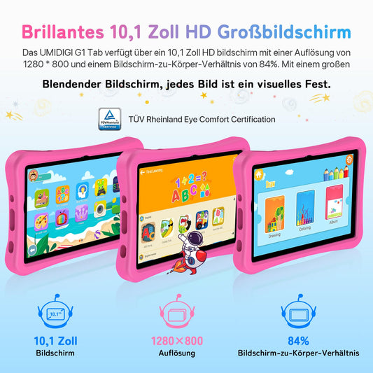 UMIDIGI Kids Tablet 10.1 inch HD, G1 Tab Kids Tablet Android 13, 8GB(4+4)+64GB/TF 1TB Quad-Core, Parental Control, 6000mAh, WiFi 6/BT5.0, 8MP Camera GMS, Eva Protective Case