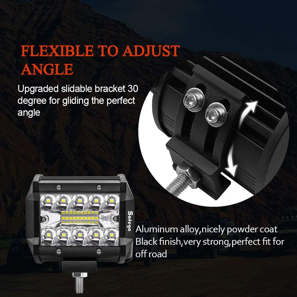 Safego 4 inch 60W LED work light with 6000LM, suitable for cars, off-road vehicles, trucks, excavators, SUVs, UTVs, and ATVs. IP67 waterproof and ideal for use on tractors. Set of 4 lights.