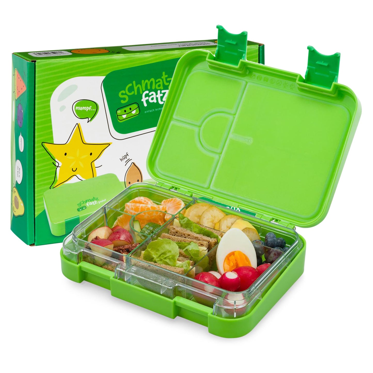schmatzfatz Junior lunch box for kids with compartments, colorful, divided & leak-proof, BPA-free lunchbox for daycare, bento box, safe snack box