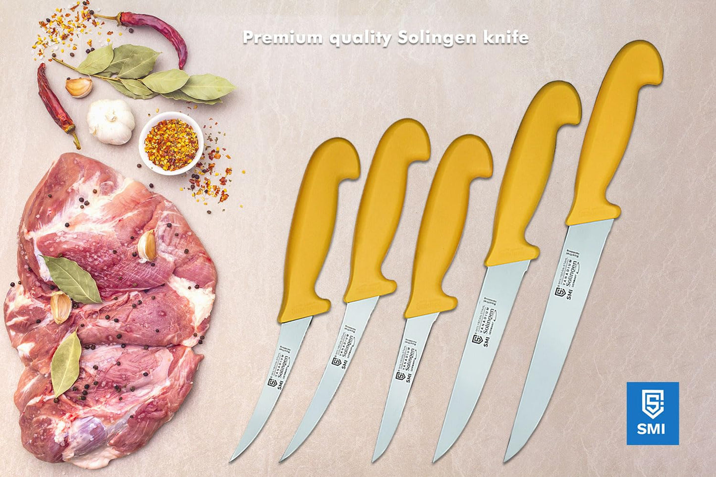 SMI 5 piece kitchen knife set Solingen Butcher knife Chef knife Butcher knife Boning knife Slaughtering knife premium quality German Molybdenum steel 1.4116 Solingen/GERMANY