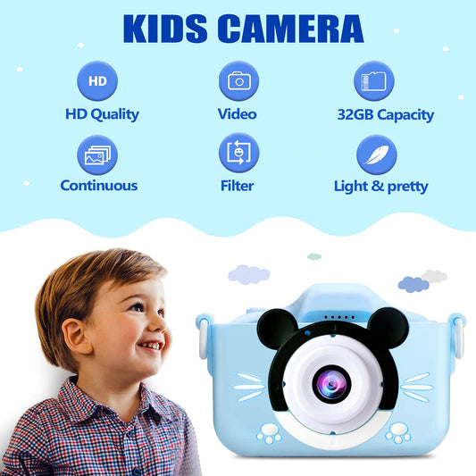 Kids camera, mini digital camera, rechargeable, camcorder, photo and video, gift for girls and boys ages 6+, with 32GB card/1080P HD/silicone protective case, shockproof (blue)