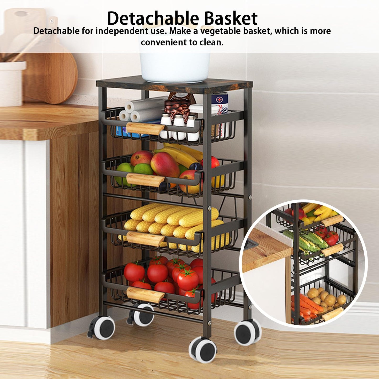Treesunshine rolling utility cart, kitchen cart with countertop, serving cart with extendable basket made of iron-carbon alloy, wooden kitchen cart, kitchen cart with ample storage, 5-tier utility cart