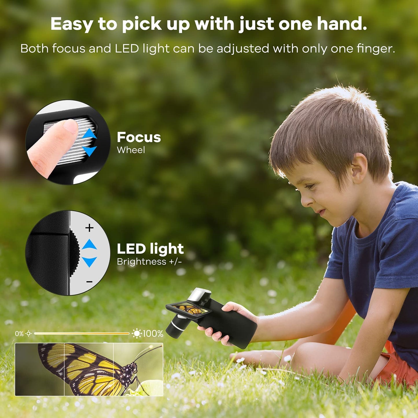 Andonstar AD203 Portable Handheld Digital Microscope, Pocket Microscope with 4-inch screen for kids and adults, Black metal bracket, USB coin microscope, supports PC.