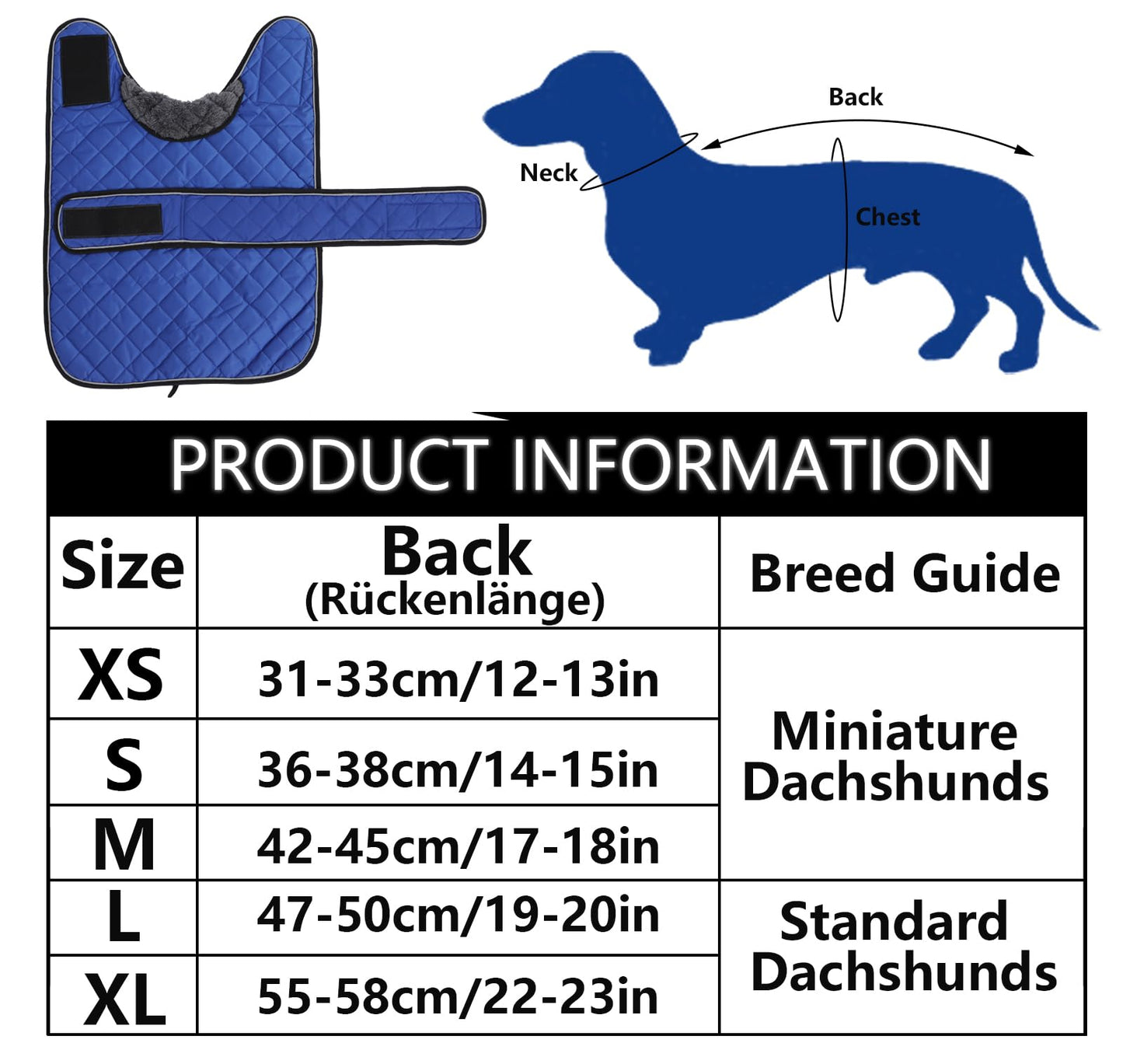 Geyecete - Warm winter coat for Dachshund dogs, dog winter jackets with plush lining, outdoor jackets with adjustable belt and harness hole, for medium and small Dachshunds - Blue - XL