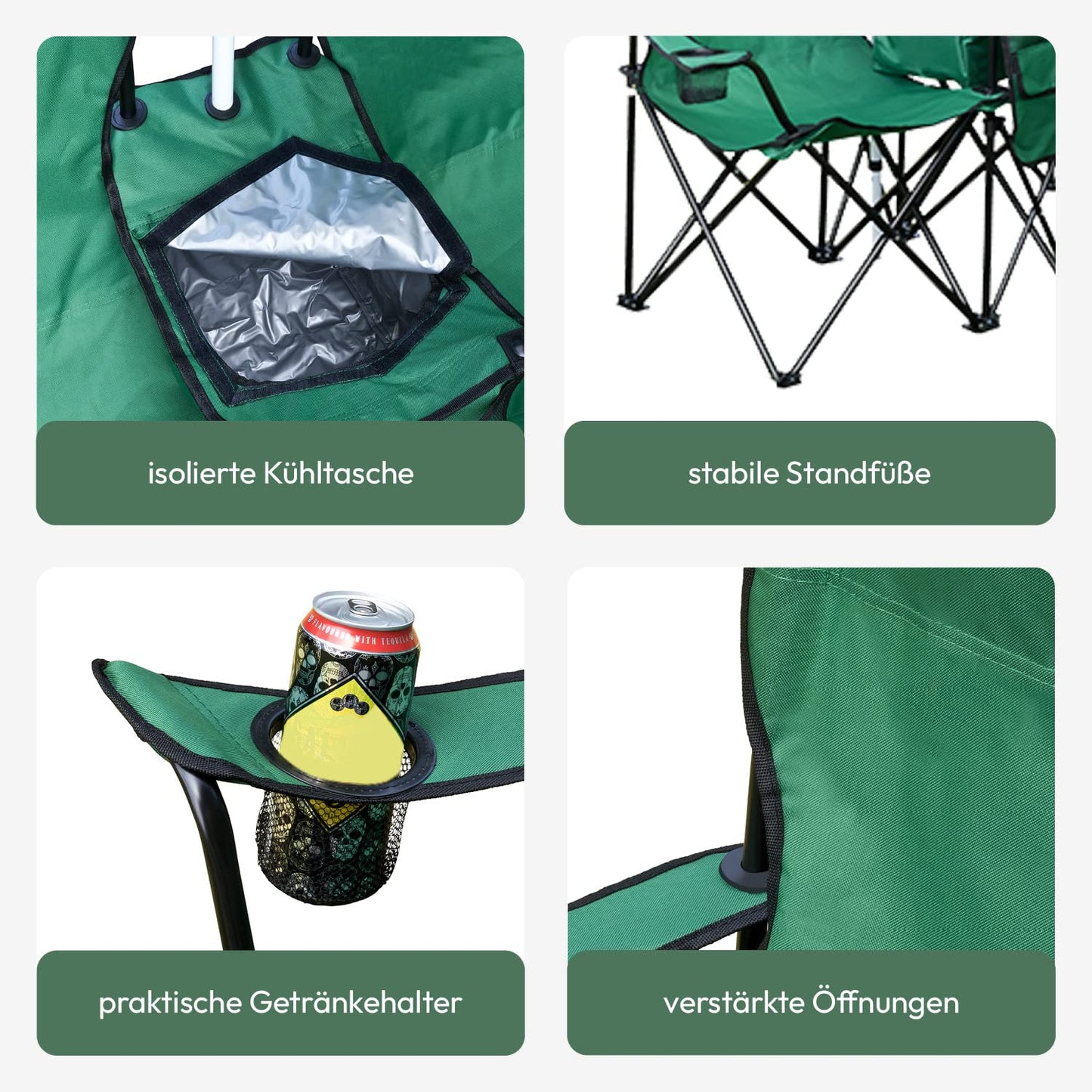 TRAVORA 2-person partner camping chair with sunshade and cooler compartment and logo - folding camping chair for two people - folding chair camping - camping chair fishing chair as a double seater (green)
