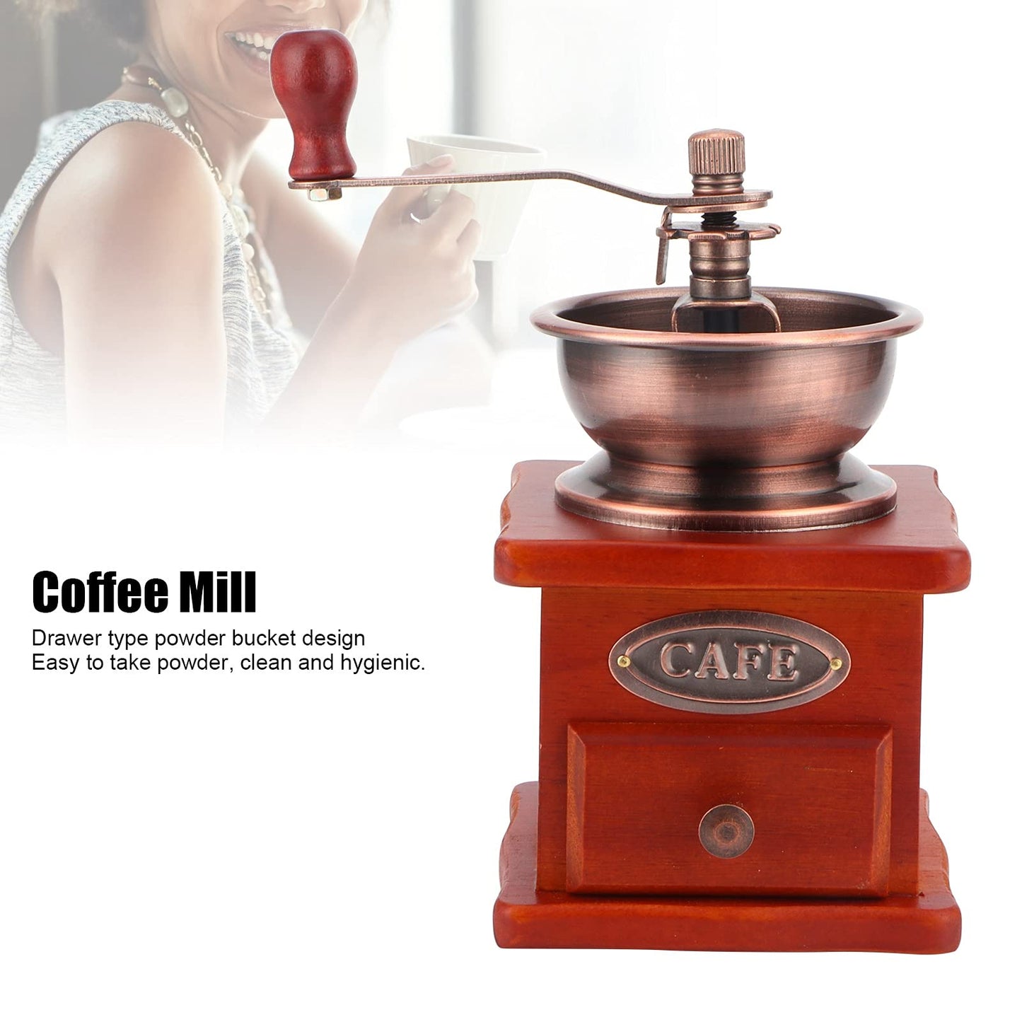 Manual coffee grinder, wooden hand mill with hand crank, coffee bean grinder, brown retro coffee grinder for drip coffee, French press.