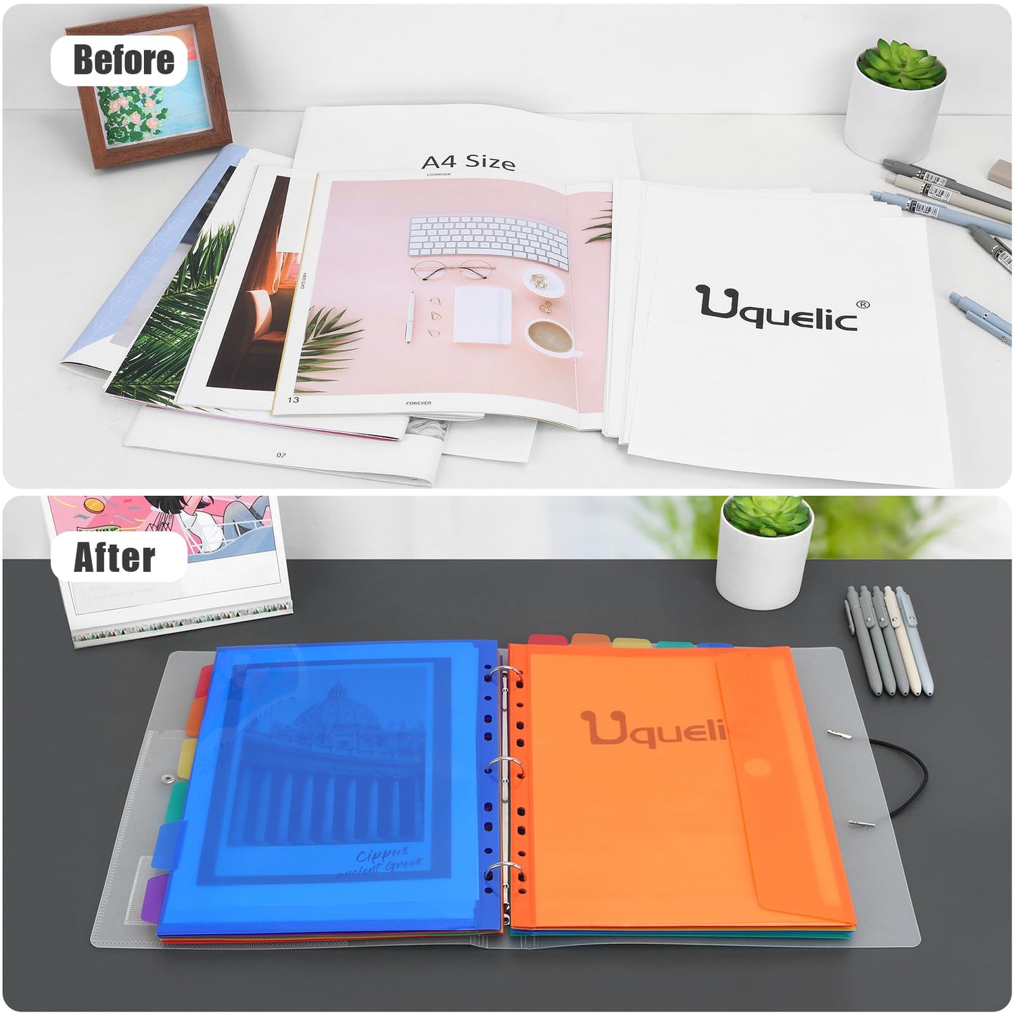 Uquelic A4 document folder for filing, A4 slim ring binder with 12 plastic document pockets (6 colors), Waterproof folder organizer - Transparent