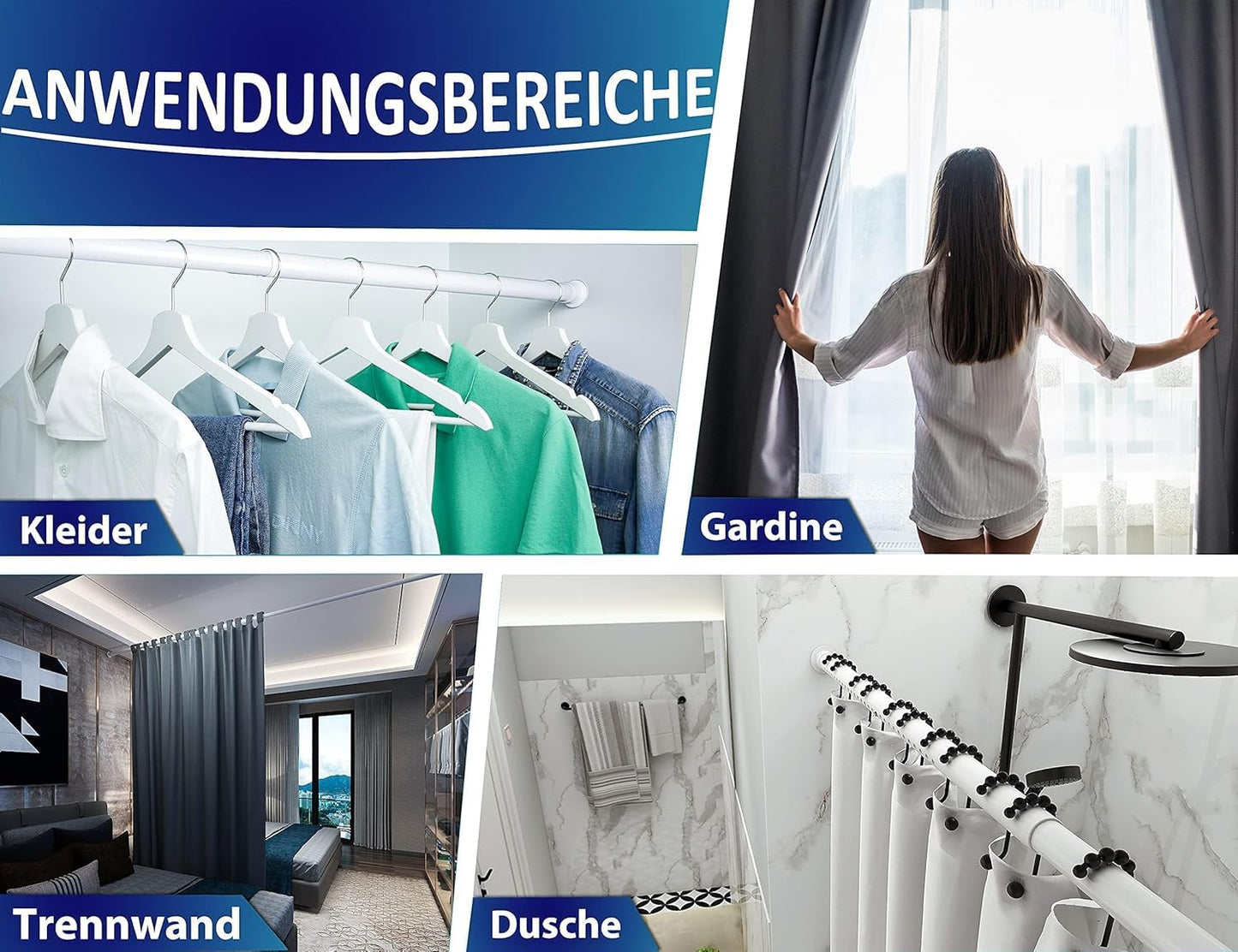 MEISENBERG Telescopic Pole without drilling 260-310cm, Γ32mm White Multifunctional Curtain Rod Clampable - Curtain Rod, Tension Rod Extendable - for your curtains, partition and balcony