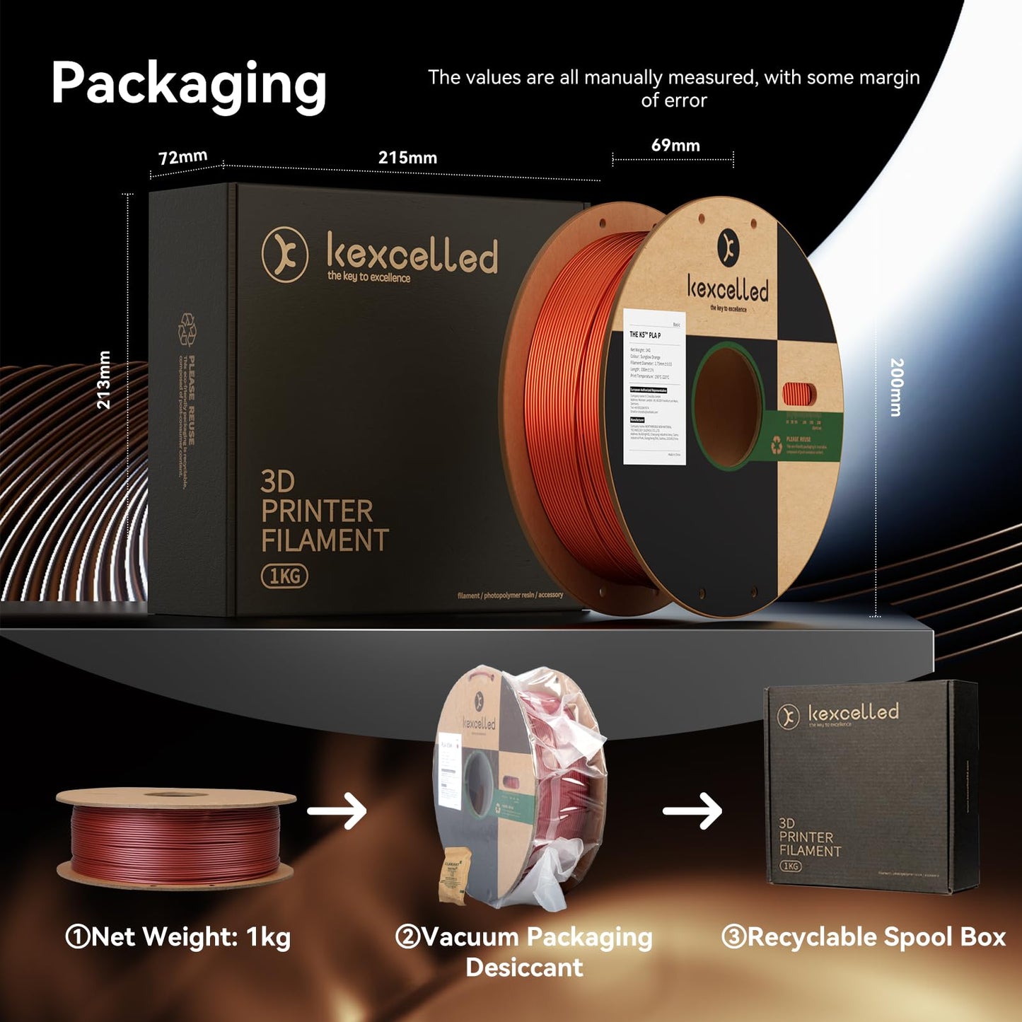 Kexcelled PLA Metallic 1.75mm, silk metal 3D printing filament PLA+/-0.03mm, metallic surface, carton roll, 1kg spool (2.2lbs), glossy, for FDM printers, blue.
