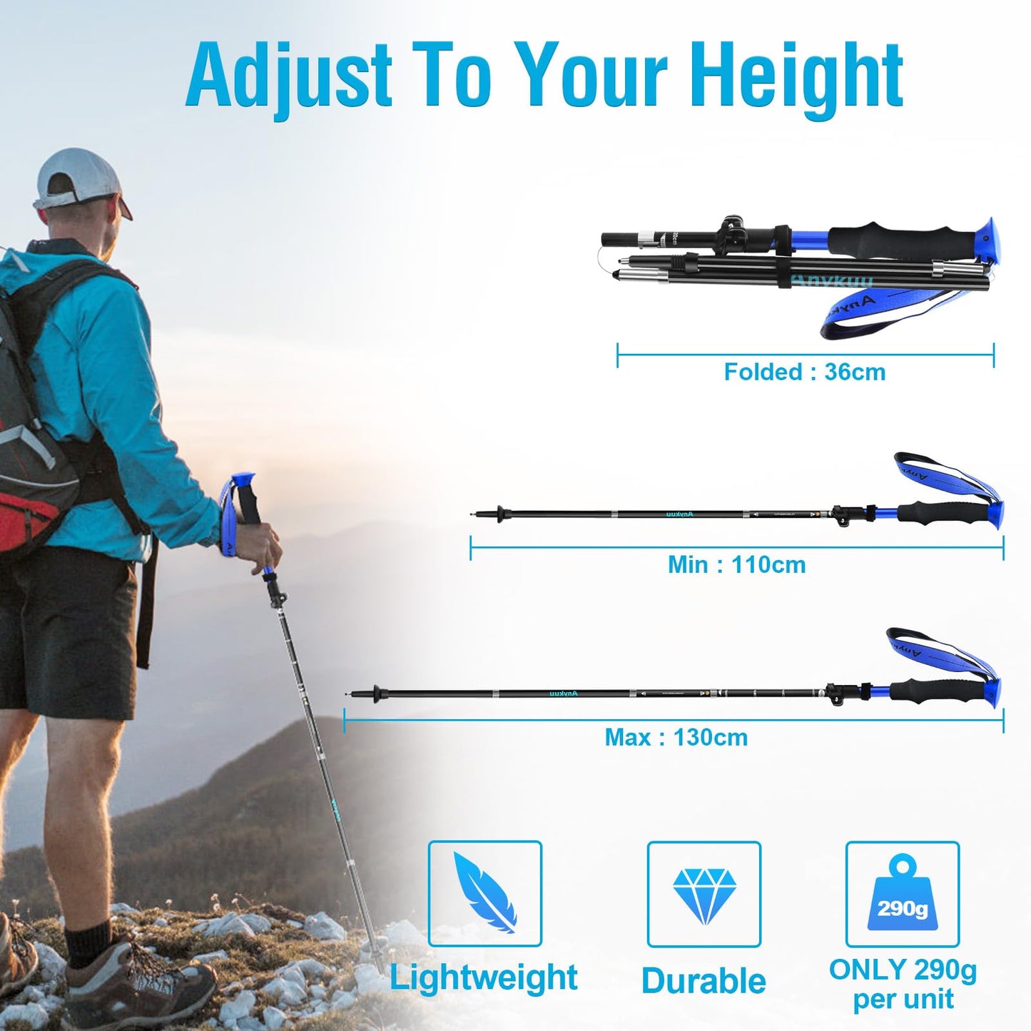 Anykuu hiking poles 2PCS adjustable 110-130cm walking sticks 7075 aluminum ultralight trekking poles with 6 pairs of accessories hiking poles for all terrain walking poles for hiking skiing.