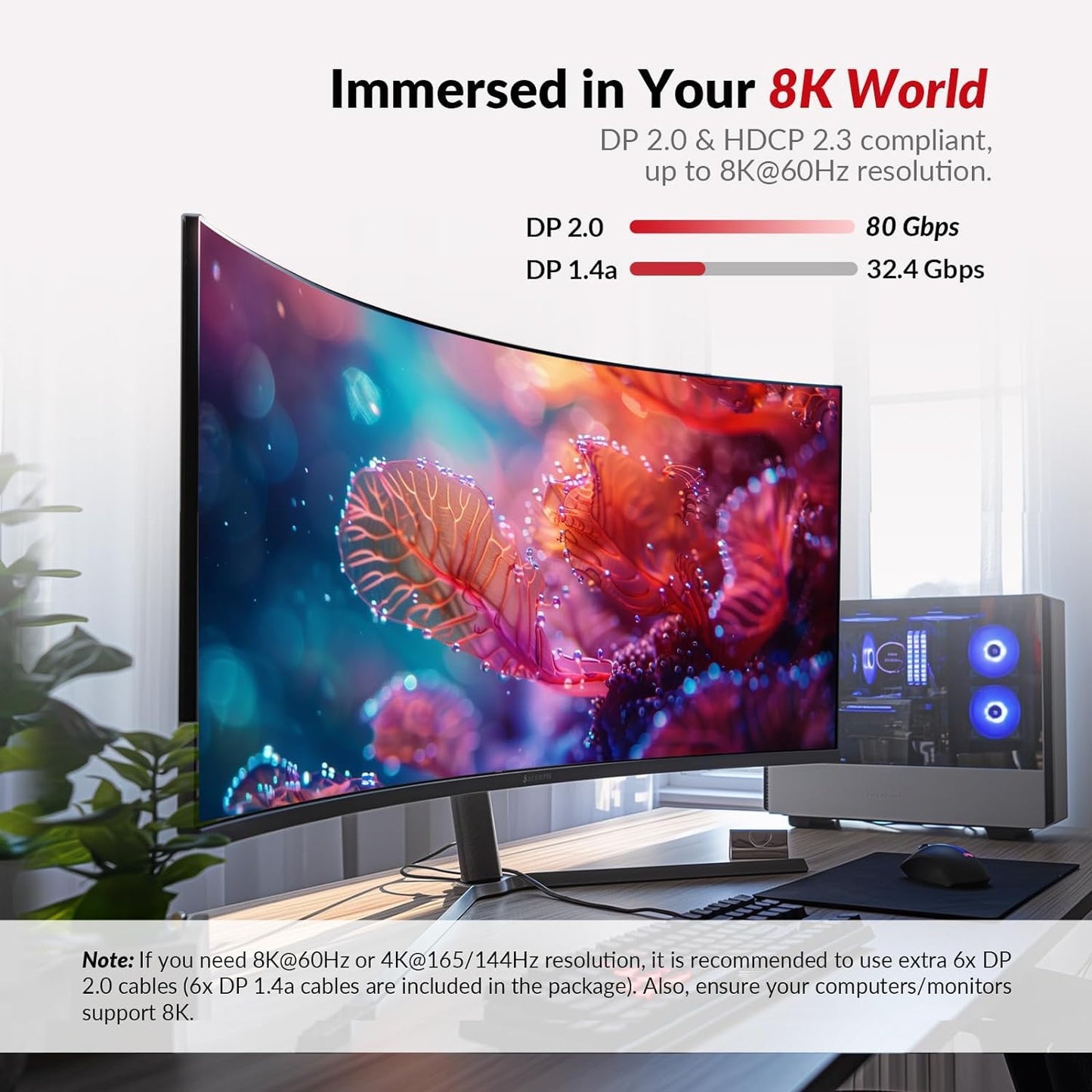 AV Access KVM Switch for 2 PCs and 3 monitors with 8K@60Hz resolution. Includes 6 DP cables, DisplayPort 2.0, 1G Ethernet, USB 3.0, and docking station for 3 monitors. Supports 4K@165/144Hz and 2K@144Hz (Desktop only).
