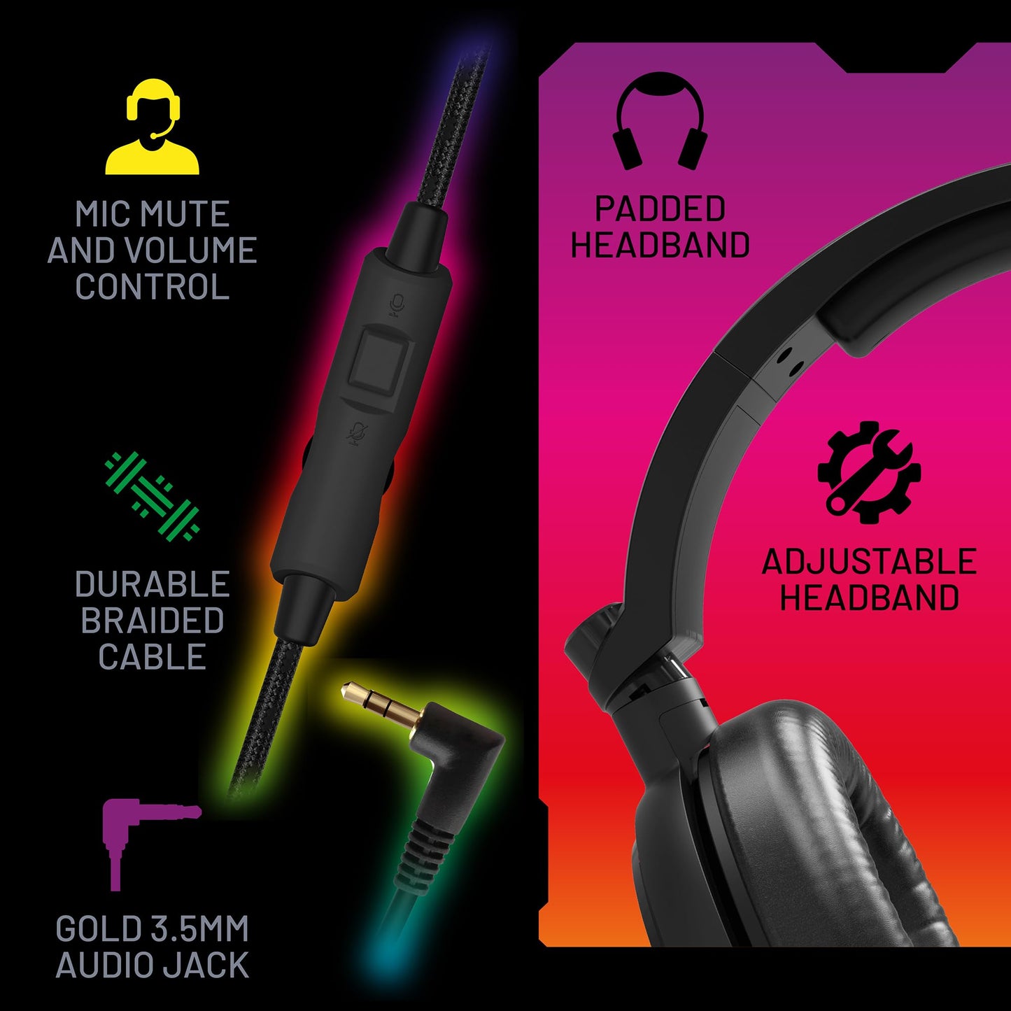 Stealth C6-100 LED Over Ear Gaming Headset for PS4/PS5, Xbox, Nintendo Switch, PC. Features flexible microphone, 3.5mm jack, 1.5m cable, lightweight, comfortable and durable.