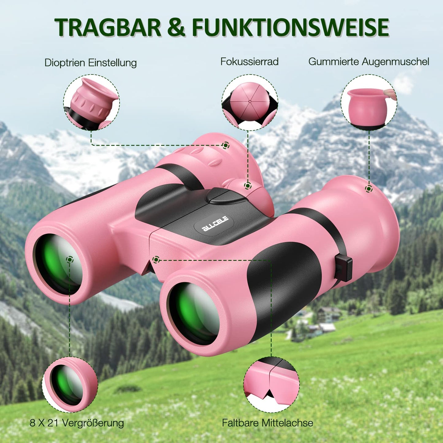 ALLCELE Binoculars for Kids, Children's Binoculars with strong magnification 8 x 21, Outdoor Exploration Binoculars Toy for Boys Girls aged 3-12 years.