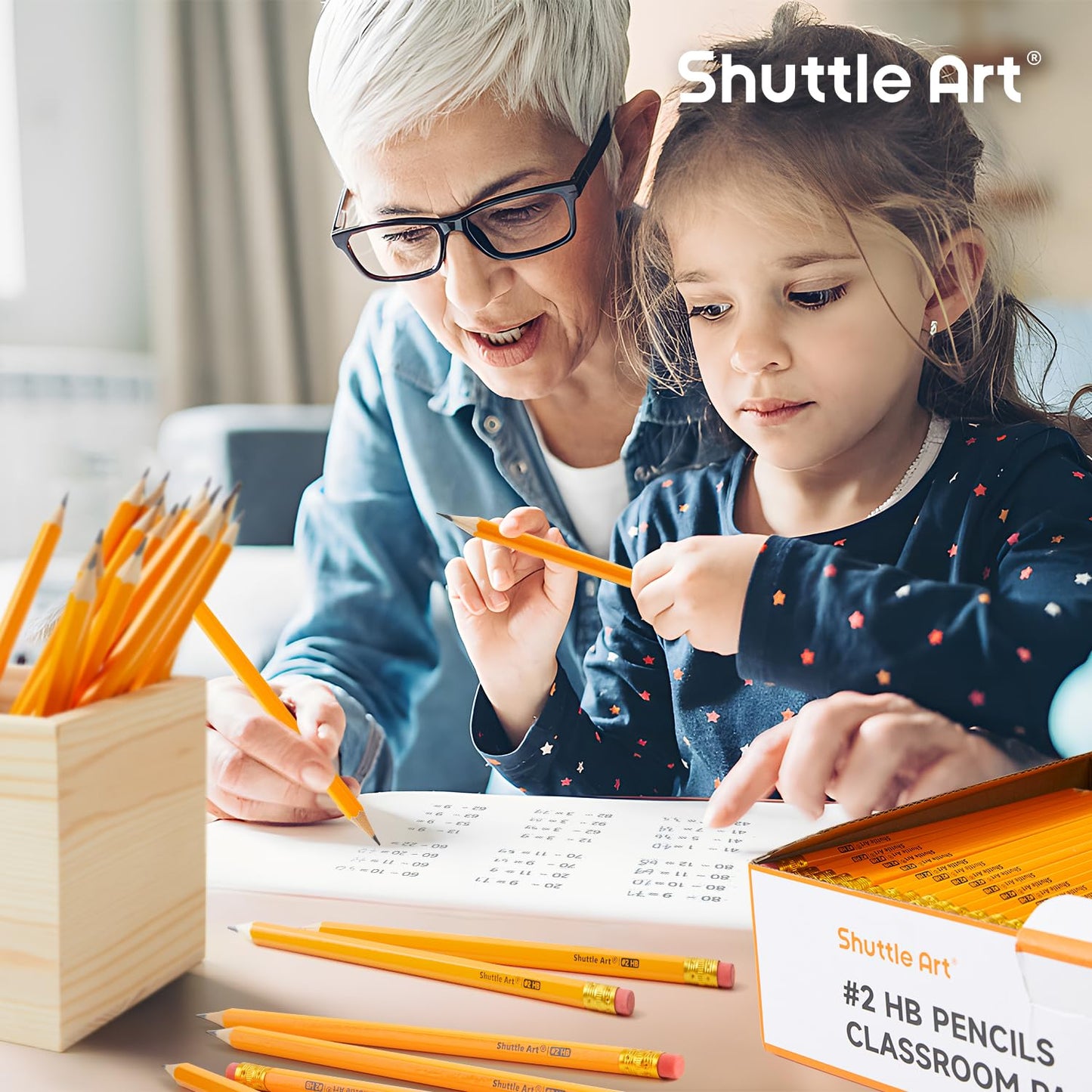 Shuttle Art HB pencils, 350 sharpened yellow pencils with eraser, graphite pencils in bulk packaging, classroom supplies for writing, drawing, and sketching.
