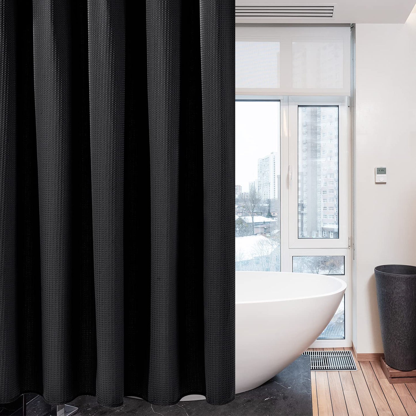 Waffle shower curtain with metal shower curtain rings fabric textile bathtub curtain anti mold bath curtain set waterproof bath curtain heavy shower curtain bathroom - 182 x 214cm (black)