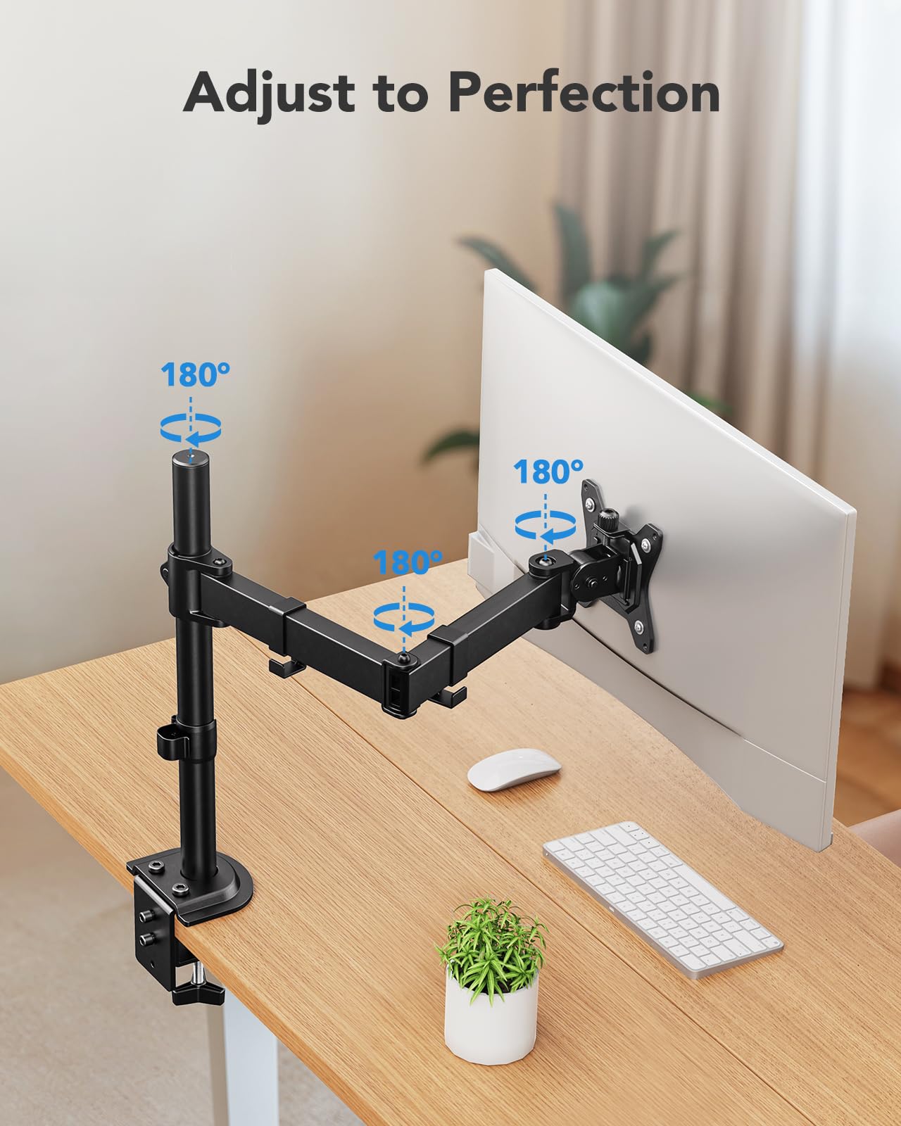 HUANUO monitor mount for 13-32 inch screens, monitor stand adjusts height, tilt, swivel, and rotate, 2 mounting options, VESA 75 & 100 mm.