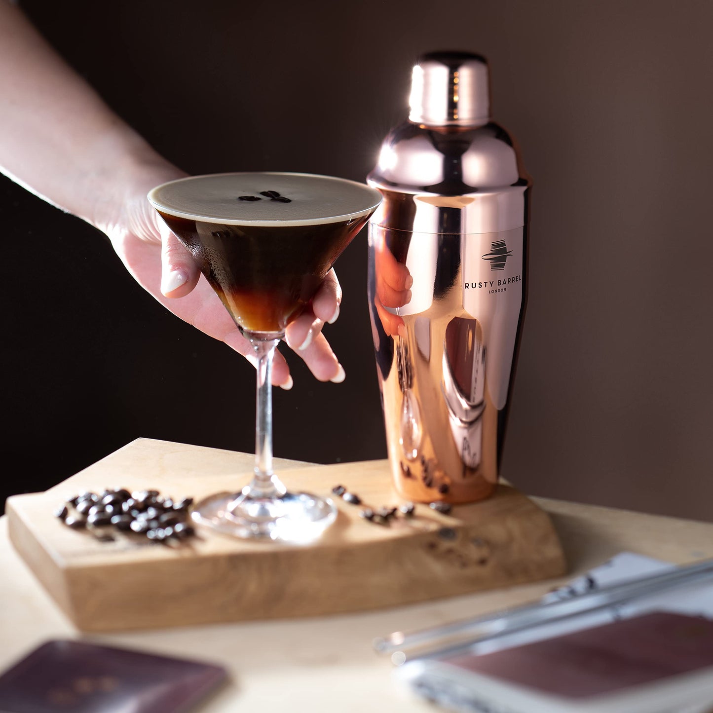 Rusty Barrel Chelsea Cocktail Set for Mixing - Rose Gold Gift Set Manhattan Stainless Steel Cocktail Shaker, Muddler, Strainer, Jigger, Pourer, Spoon, Bag, and Recipe Book - with Gift Box