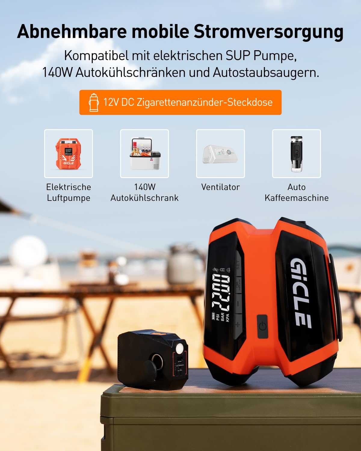 GICLE rechargeable electric SUP pump with portable power bank, 22 PSI high pressure battery paddle board pump for inflatable paddleboard, boat, tent, kayak.