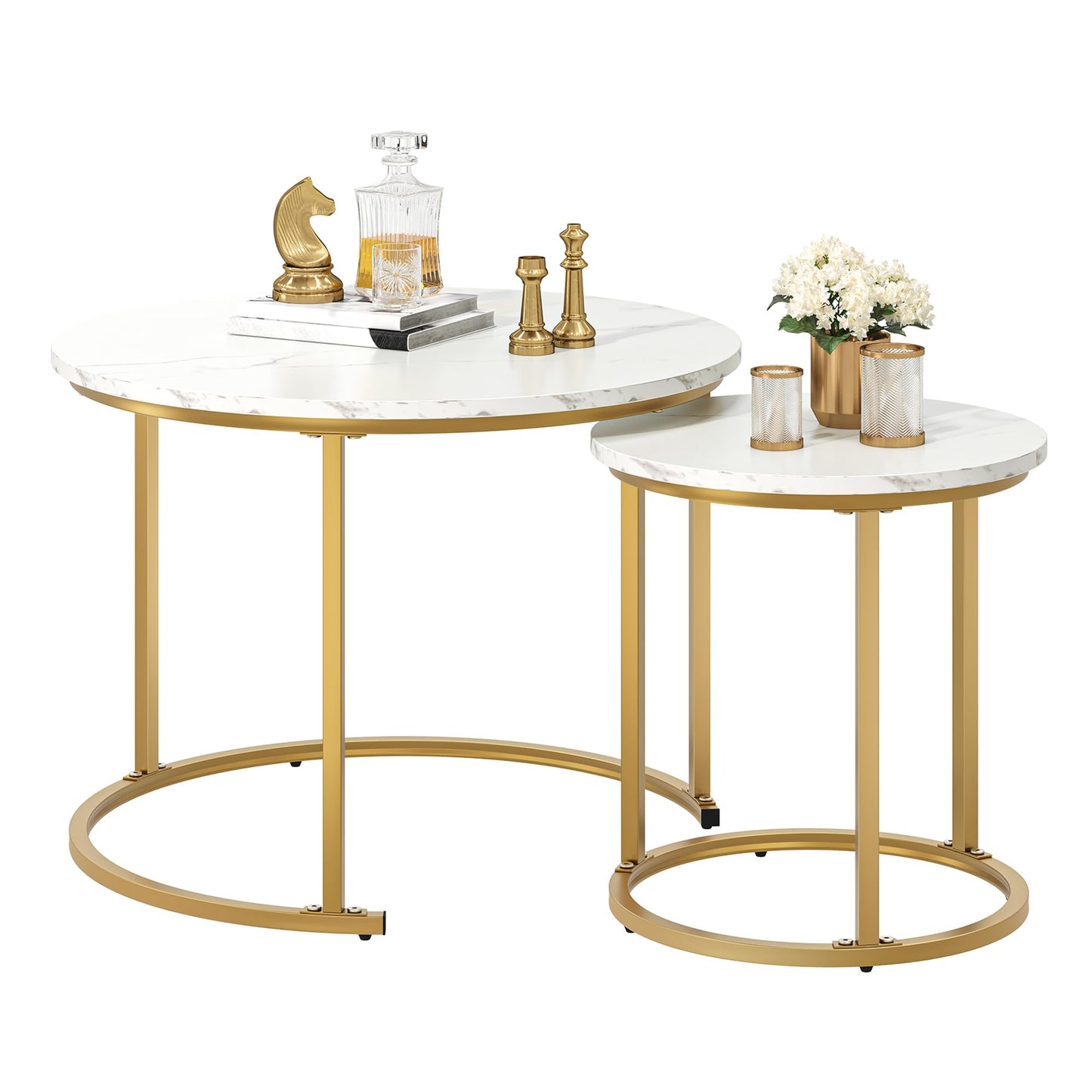 YITAHOME 2-piece Round Coffee Table Set, Modern Living Room Table, Stackable, with Storage Space, Wood Top, Metal Frame, Side Table, Cocktail Tea Center Table for Living Room, Home Office, White