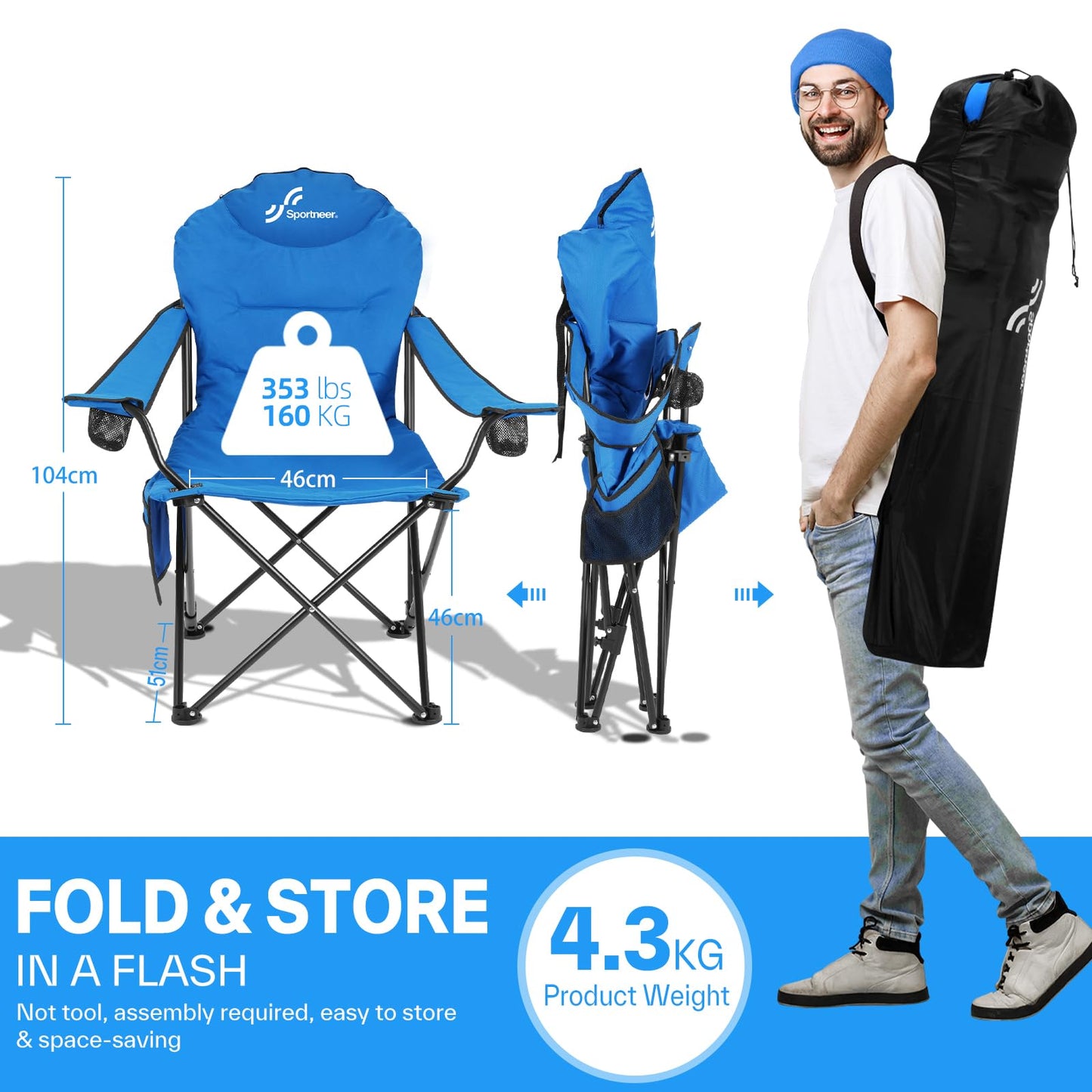 Sportneer Folding Camping Chair: Foldable camping chair up to 160 kg with 3 adjustable angles, backrest, headrest, and carrying bag. Blue, 2-pack.