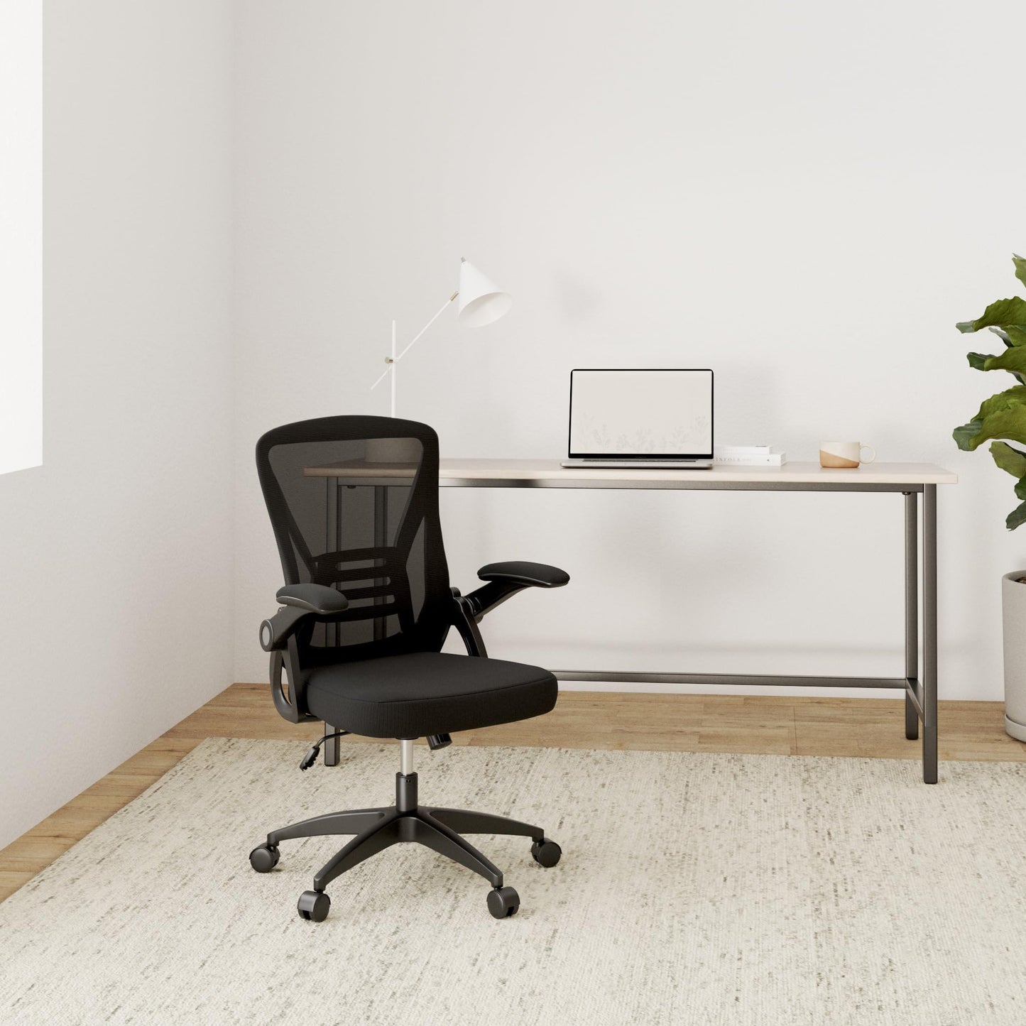 Rattan office chair, ergonomic desk chair with lumbar support, adjustable armrests, height adjustable, swivel chair with breathable backrest for office workspace, black.