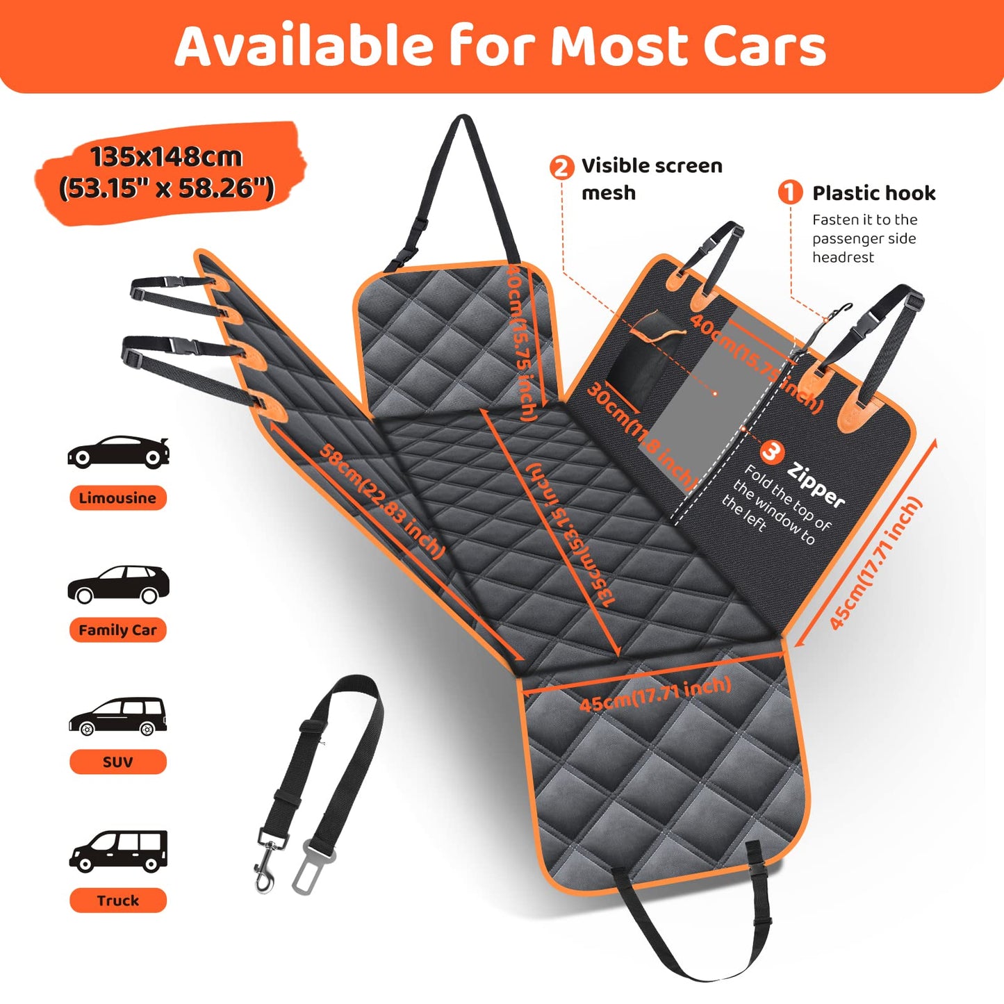 KYG Dog Car Seat Cover for Back Seat with Side Protection and Mesh Window, Scratch-resistant and Water-repellent Dog Car Blanket, Dog Mat, Back Seat Bench, 135 x 148 cm Black