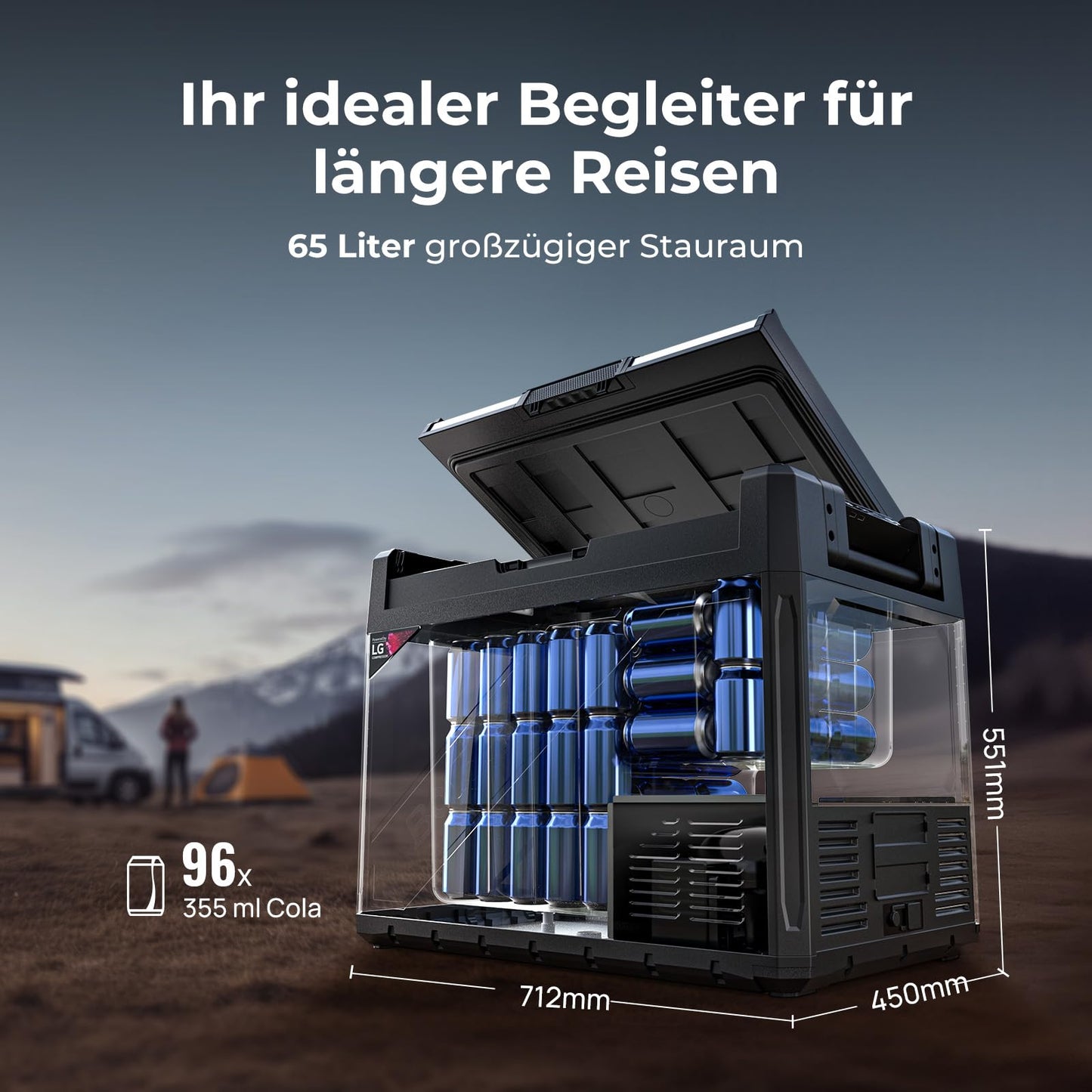 BougeRV Rocky2 65L car cooler 12V 230V with 5.7cc compressor cooler Dual Zone with freezer compartment APP control Removable partition, car fridge 12/24V camping travel boat fishing Cools down to -20°C.