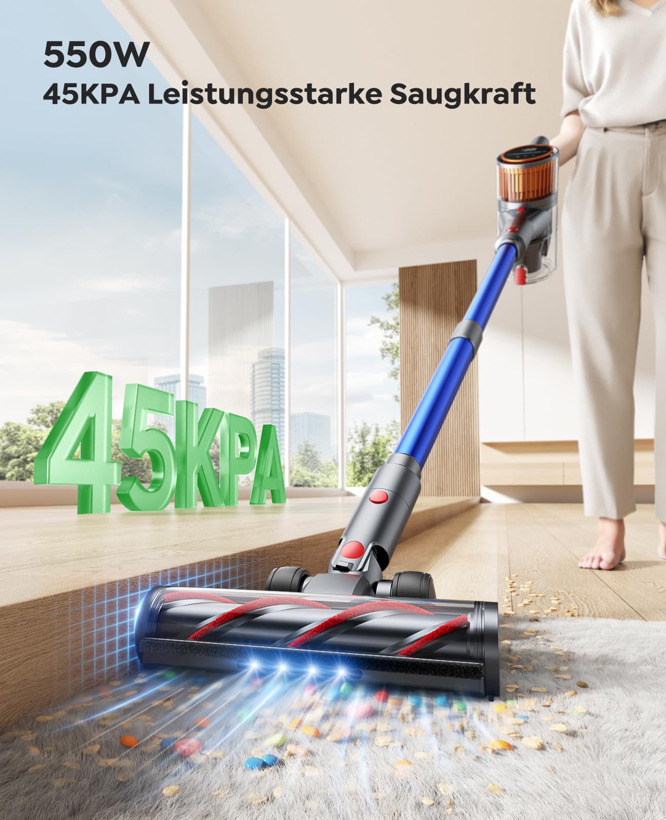 Cordless Vacuum Cleaner 550W/45000Pa/60min Runtime, Wireless Vacuum with Docking Station, Lightweight Standalone Cordless Vacuum, Super Quiet Battery-Powered Vacuum for Hard Floors Carpets Pet Hair