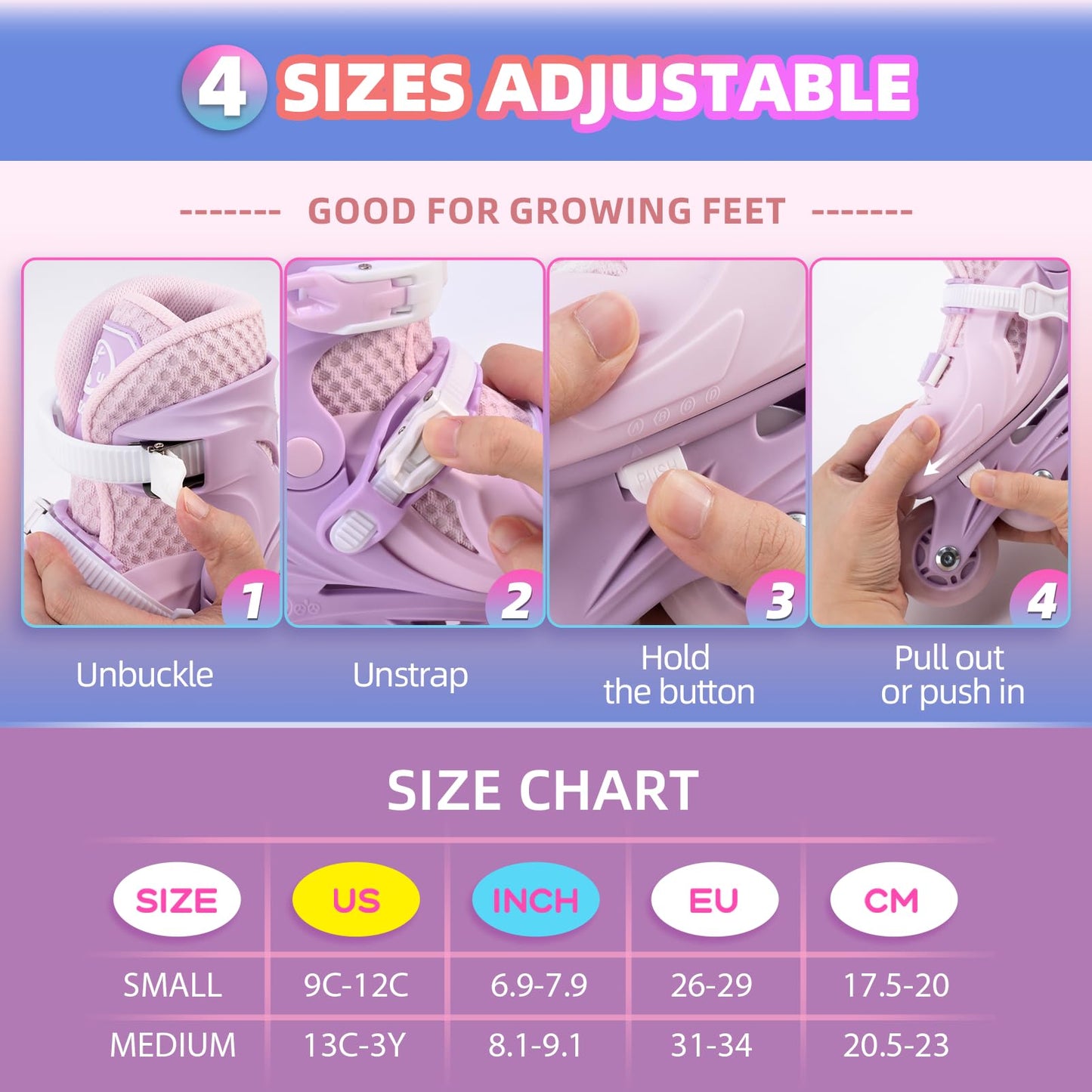 Locavun Kids Inline Skates 4 Sizes Adjustable Inline Skates for Girls Size 26-29 29-34 30-35 Inline skates with 82A PU wheels Rollerskates.