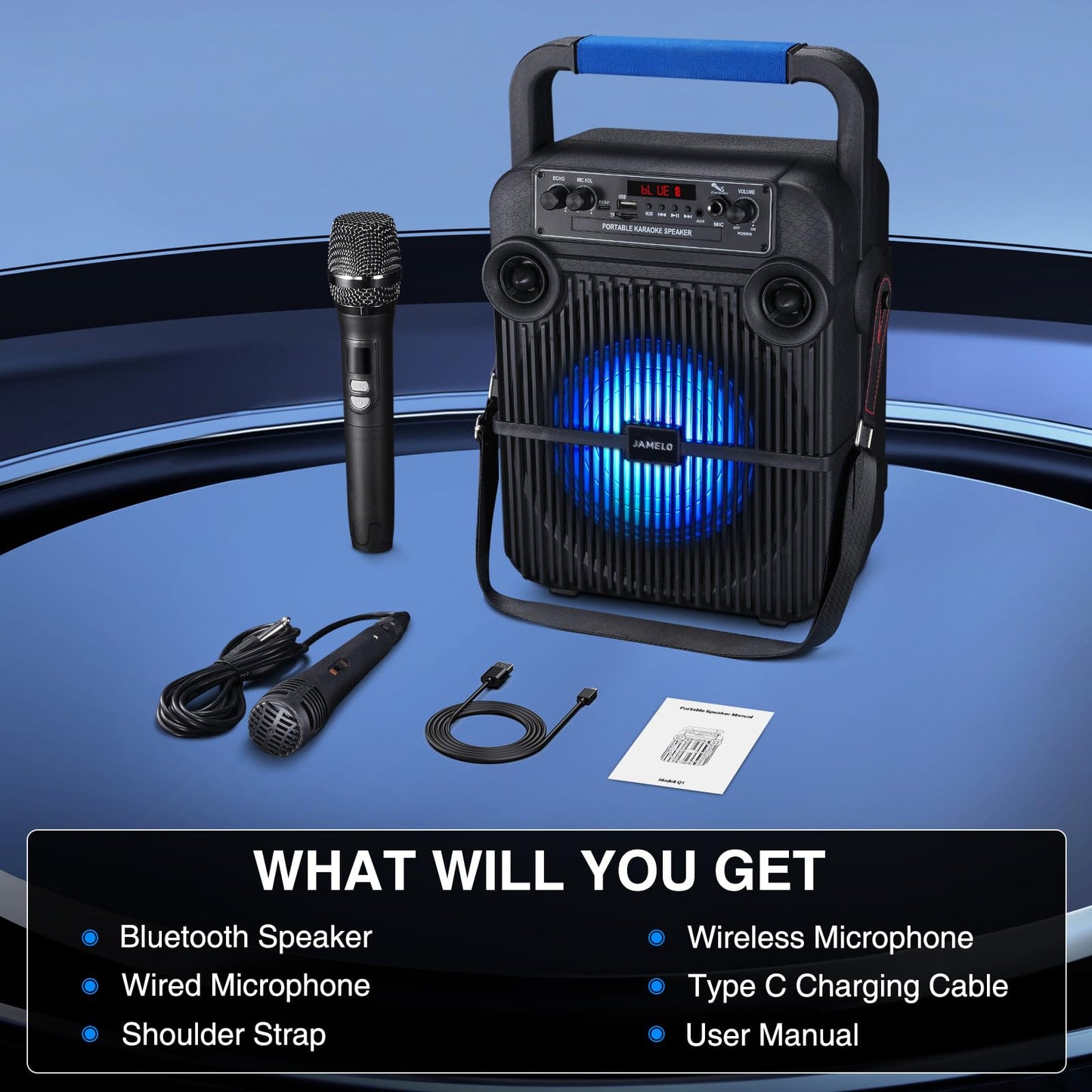 JAMELO Karaoke machine with 2 microphones, Bluetooth speaker with light effects, PA system supports TF card/USB/AUX IN, karaoke machine system for party/meeting/wedding/home KTV gift.