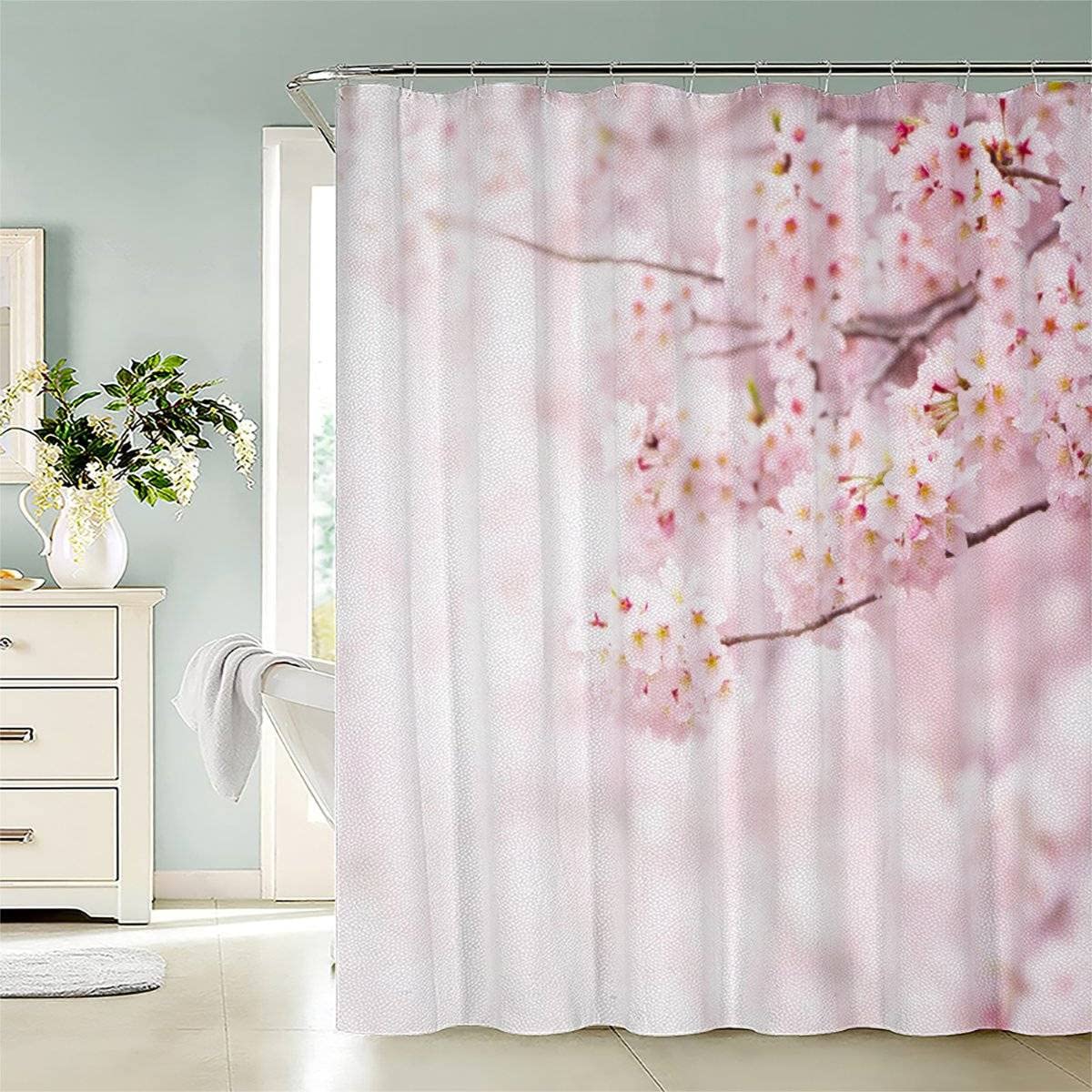 Shower curtain 240x200 Pink Sakura Anti-Mold Waterproof Extra Long Shower Curtains with 12 Shower Curtain Rings Flower 3D Design Bath Curtain for Bathtub Bathroom