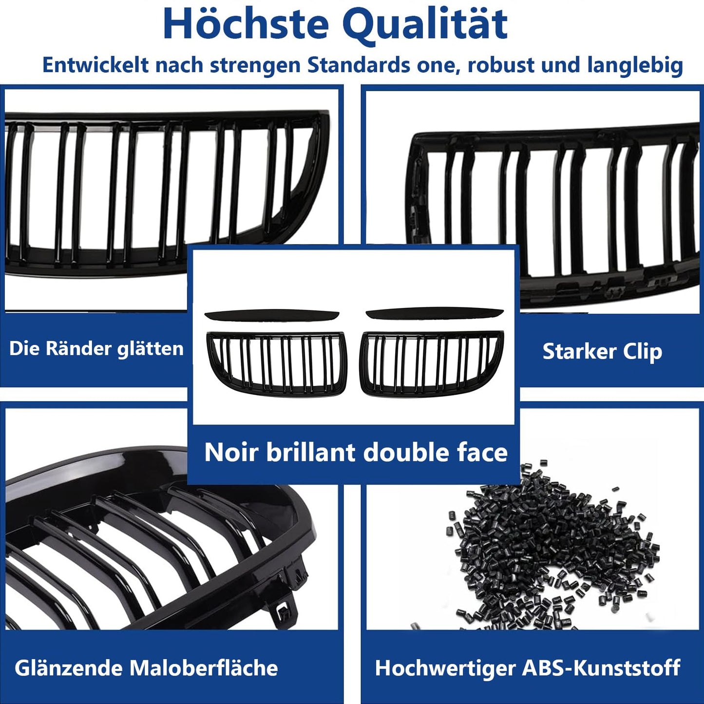 Gangying E90 kidney grills in black for BMW 3 series E90 E91 2005-2008. Gloss black, double slat, sport style grills for E90 sedan and E91 touring.