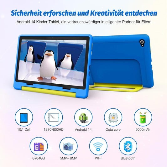 Freeski Kids Tablet 10.1 inch, Android 14 tablet for kids with parental control app, 8GB+64GB+1TB expandable storage, 5MP+8MP cameras, 5000mAh battery, Wi-Fi 6, Bluetooth 5.0, Type-C (Blue)