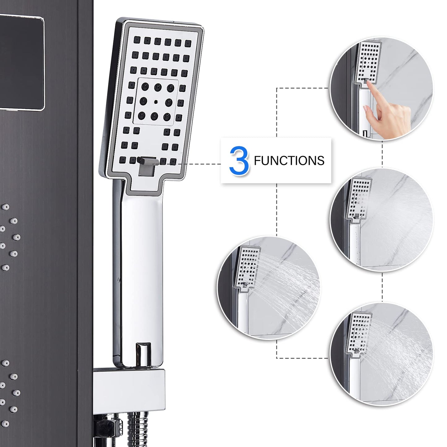 Black LED Multifunction Shower Panel with Stainless Steel Corner Mount Rain Shower Column Bathtub Faucet Shower System Shower Set No Battery Shower Fixture Set Hevenaov