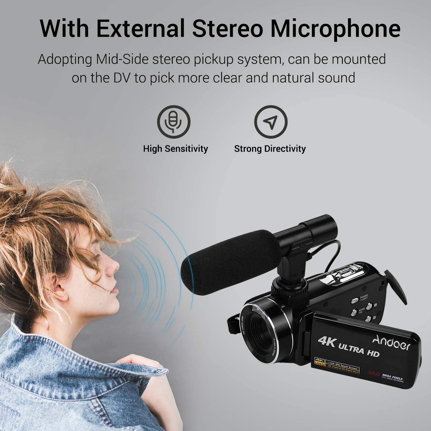 Andoer HD video camera, 4K video camera, Full HD, CMOS sensor, 18x digital zoom camera, 3.0 inch LCD, with 0.45x wide-angle lens and microphone.