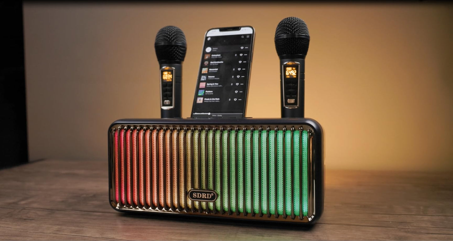 Karaoke machine for adults and kids, portable Bluetooth speakers with 2 UHF wireless microphones Karaoke speaker PA system with colorful gradient LED lights for home parties - Gold