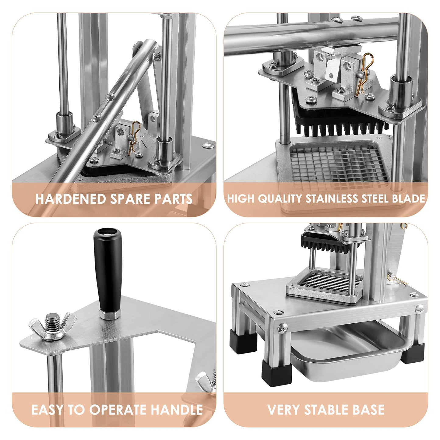 InLoveArts Professional Potato Cutter for potatoes and vegetables, with stainless steel blades in sizes 1/4 inch, 1/2 inch, 3/8 inch, and food plate.
