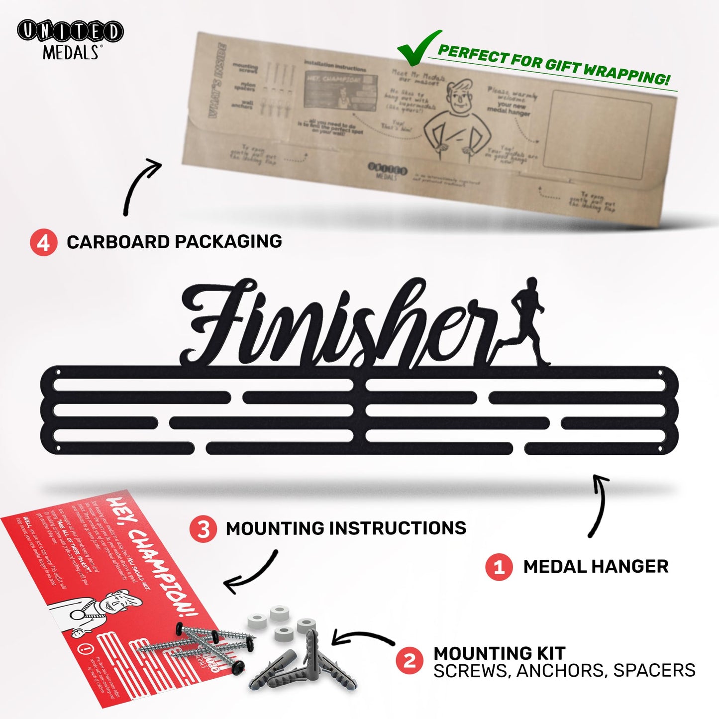 United Medals Finisher Medal Holder for Running, holds up to 48 medals - Runner's gift, marathon accessory - Medal Holder Hanger Display Rack - Black