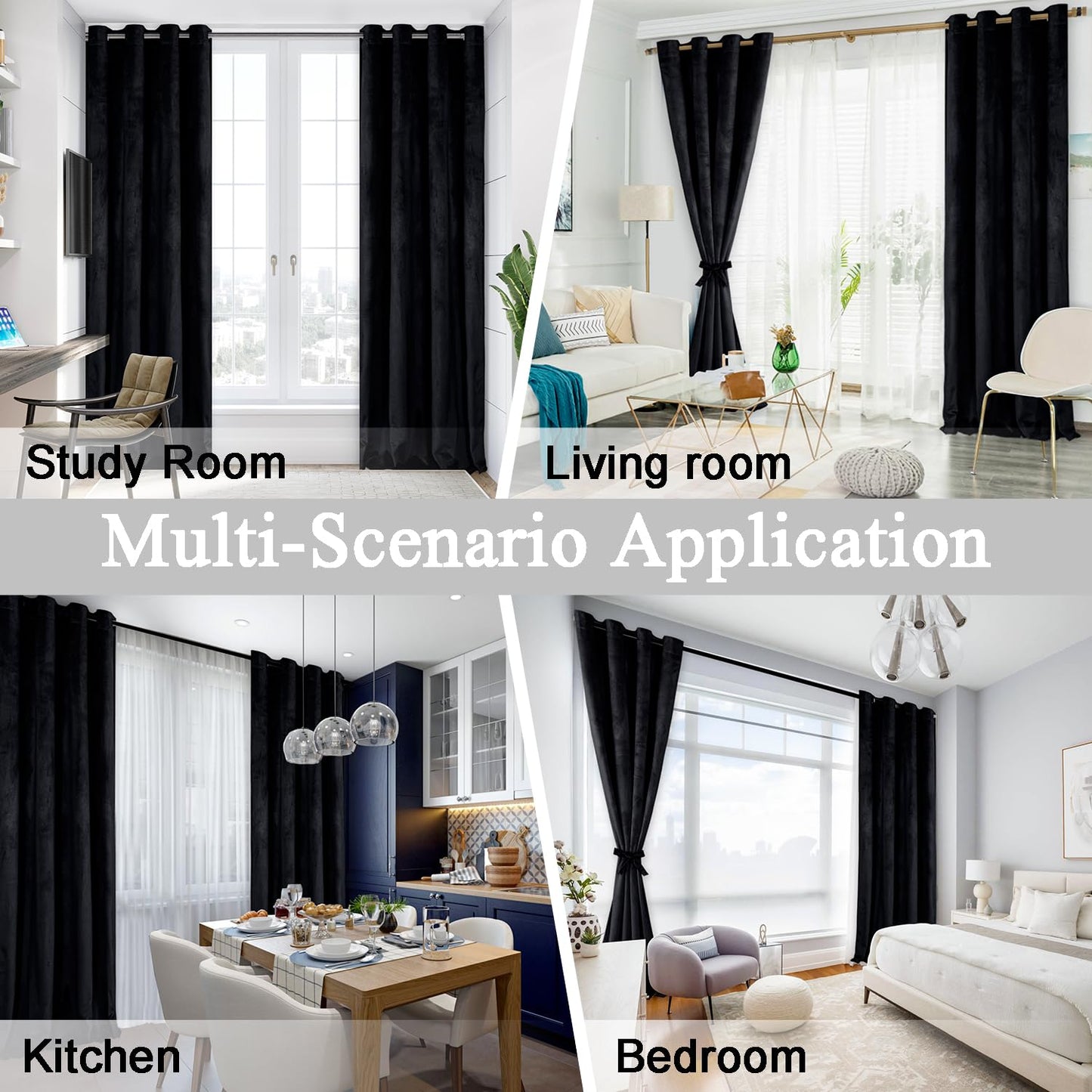 JIUZHEN Velvet Blackout Curtains, 2 pieces soft opaque drapes with grommets for bedroom, 140x225cm (width x height), Black