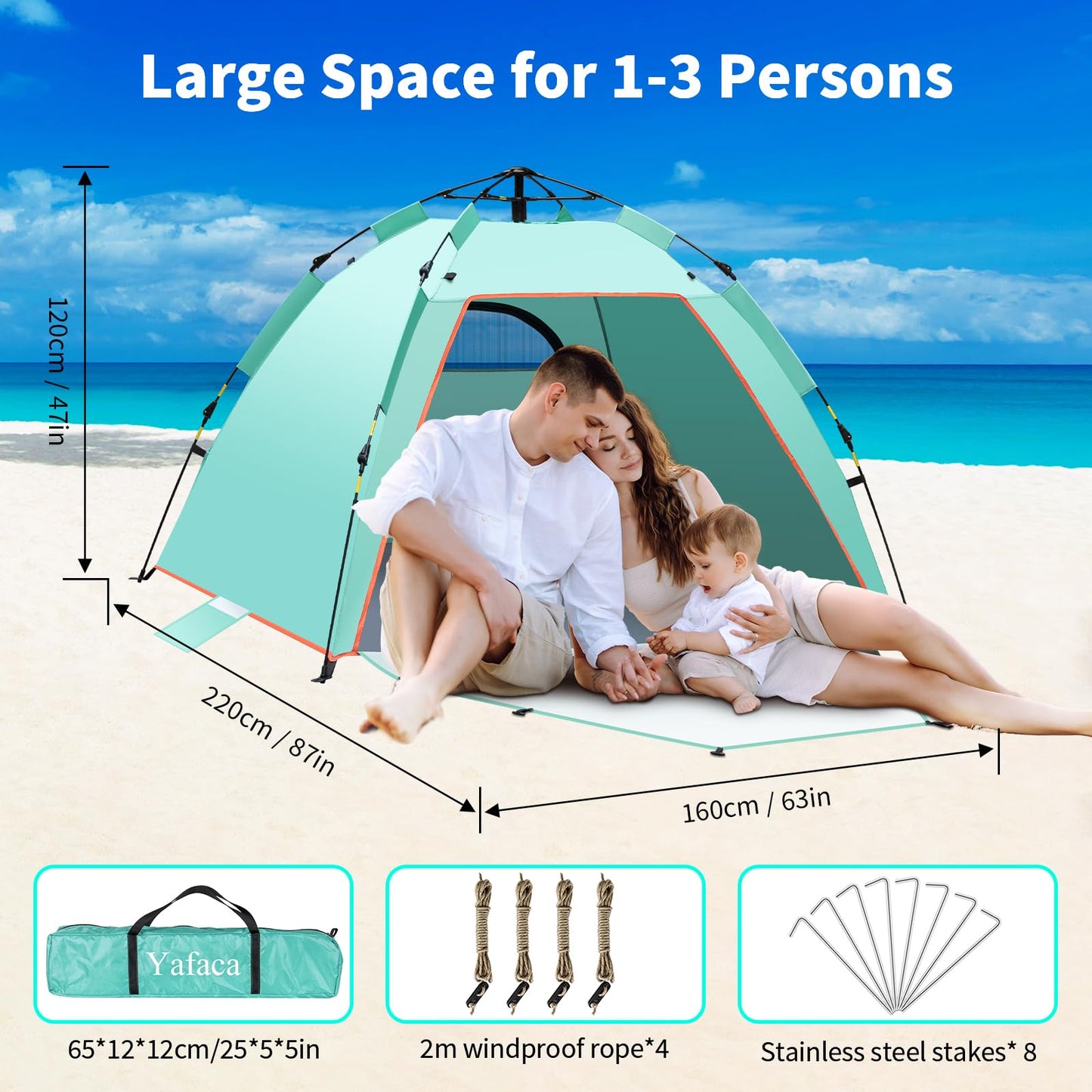 Yafaca Beach Shelter, 1-3 person automatic pop-up tent, large UV 50+ sun protection portable two-door lightweight pop-up beach tent for garden, fishing, picnic.
