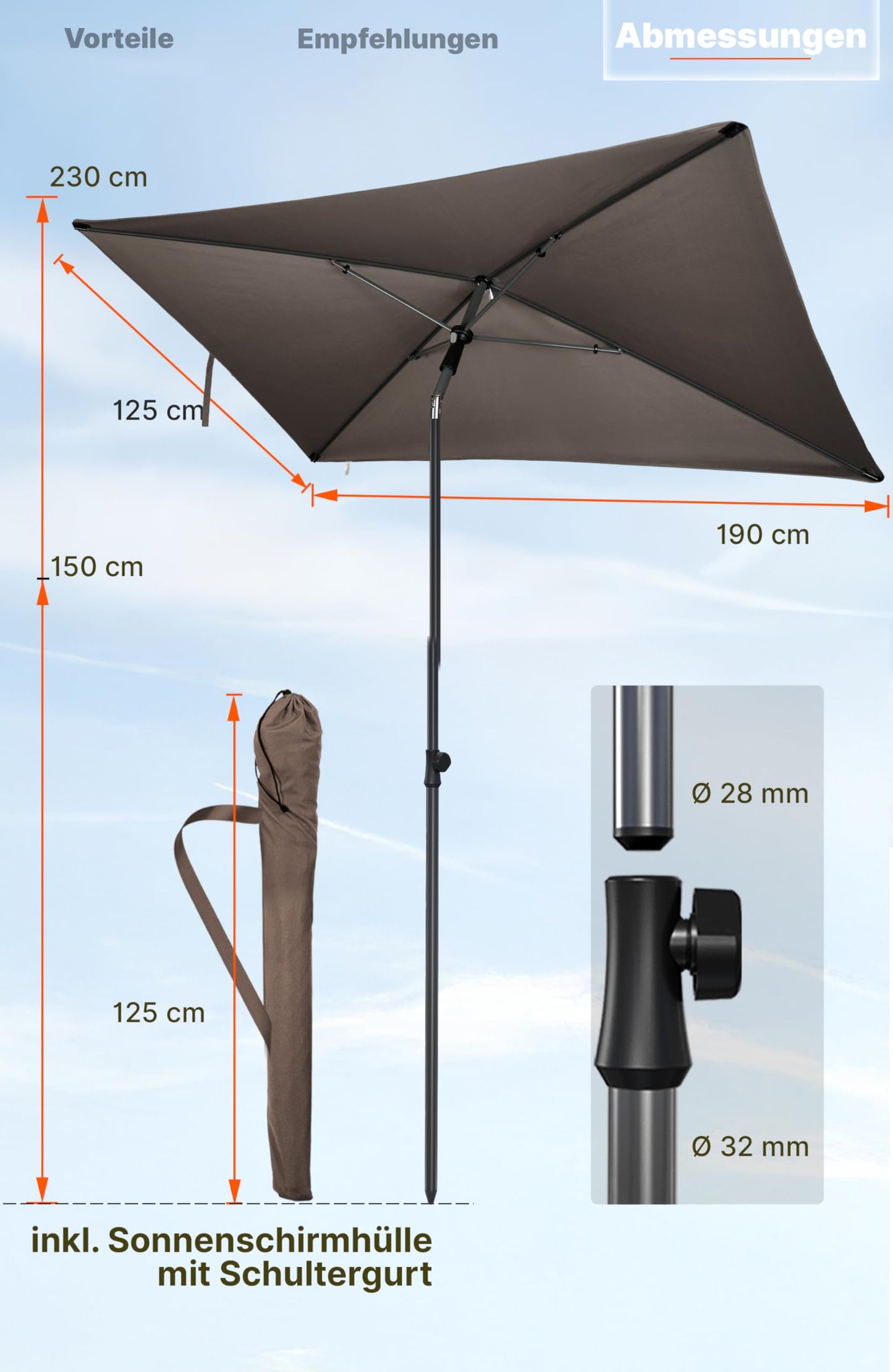4smile balcony umbrella 200x125 cm with cover, Taupe - UV50+ rectangular and adjustable height sun umbrella, perfect for balcony sun protection as a replacement for cantilever umbrellas.