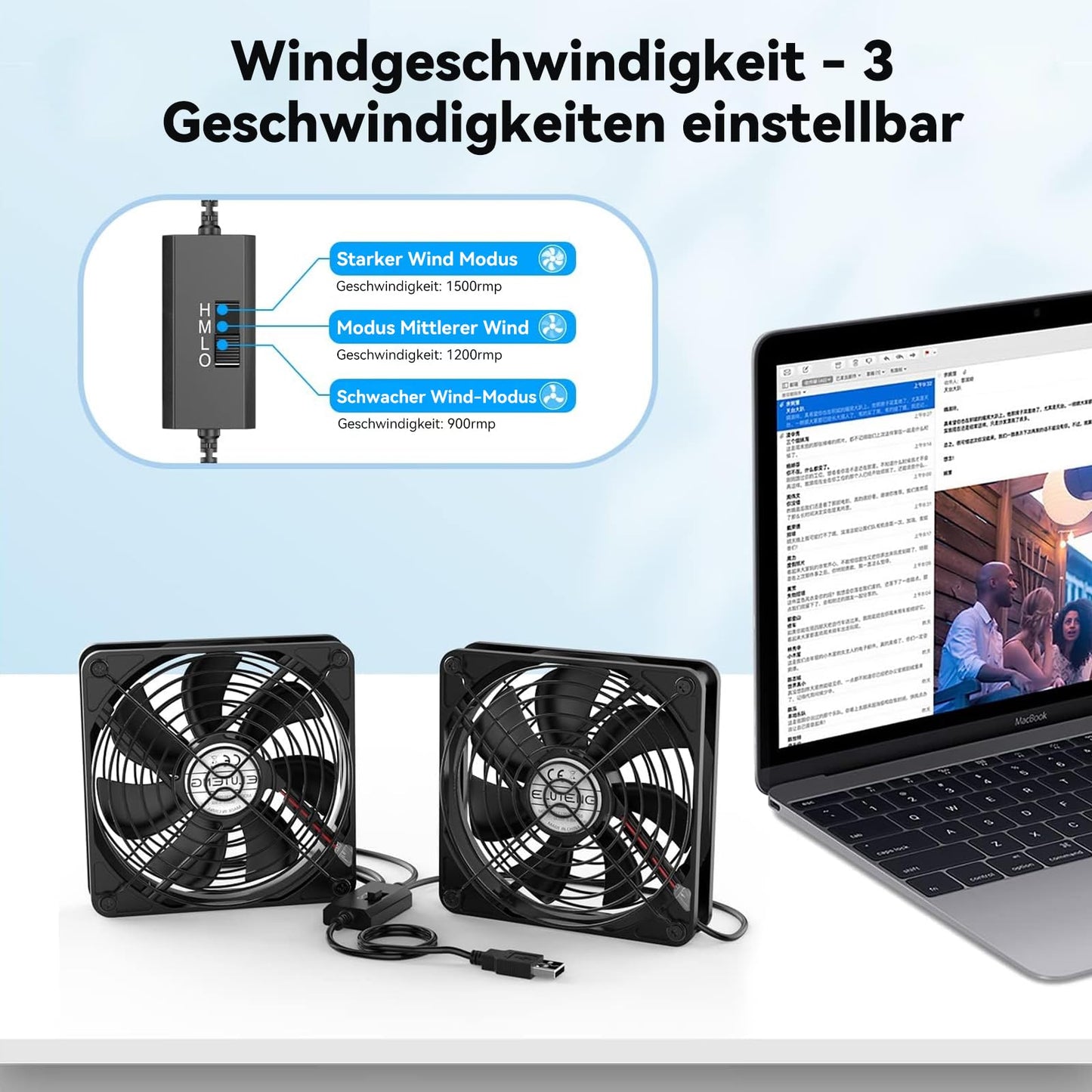 ELUTENG 2 in 1 USB fan 140mm 5V, double USB PC fan USB computer PC fan 140mm housing fan with 3 adjustable speeds for PS4/laptop/TV box/AV cabinet/router