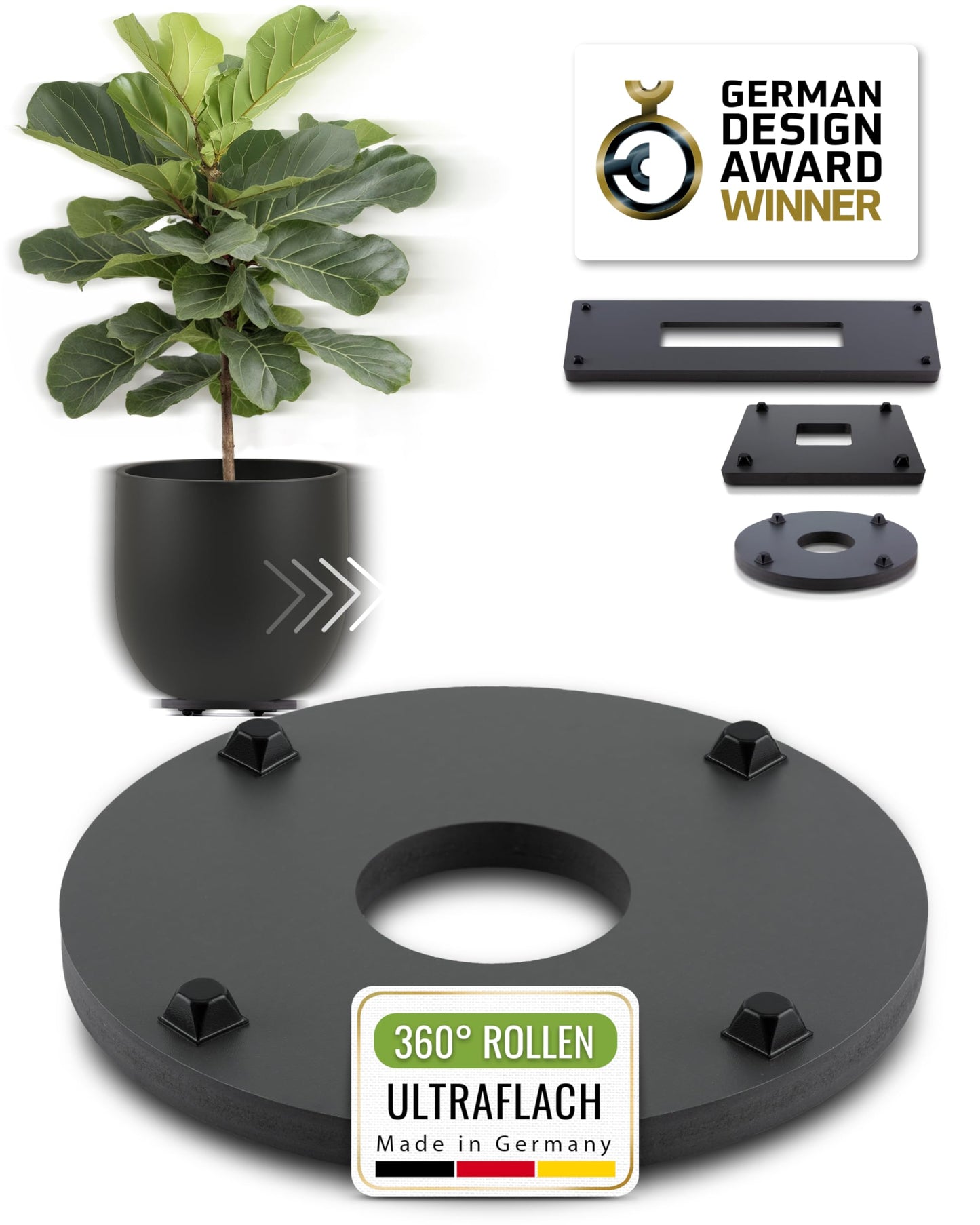 Plantwerk Plant Pot Coaster - Ultra-flat designer plant roller - Ø28cm - Square and round for all flower pots & planters - Indoor & outdoor container roller - 2 year warranty.